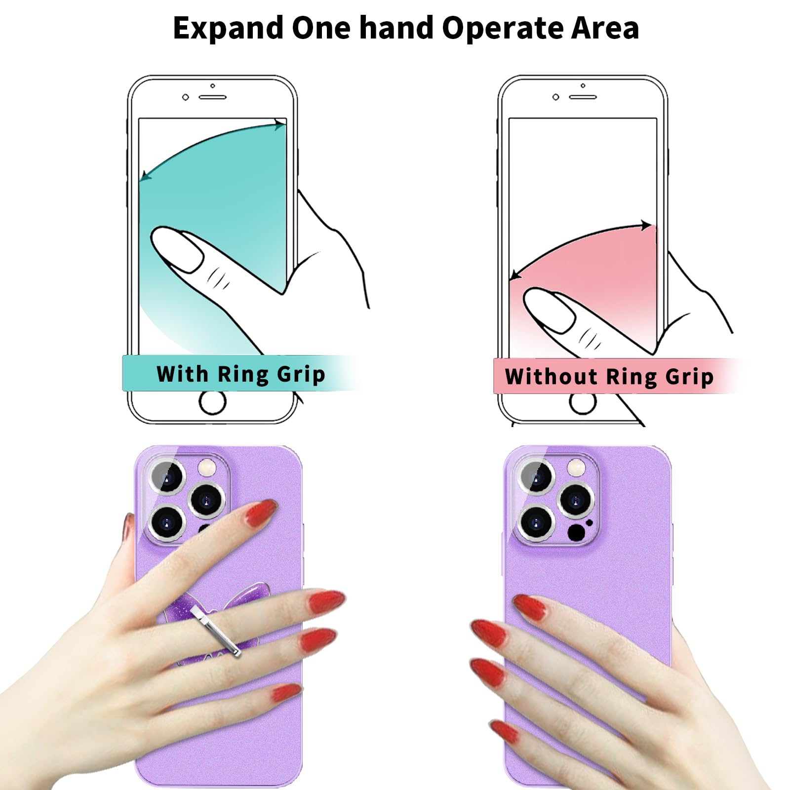Sparkling Butterfly Phone Grip Stand - Glittery Purple Cell Phone Ring Holder for Women & Girls | Compatible with iPhone, Android Smartphones, Tablets & E-Readers | Perfect for Selfies, Reading & Hands-Free Use (PU Leather Butterfly Design)