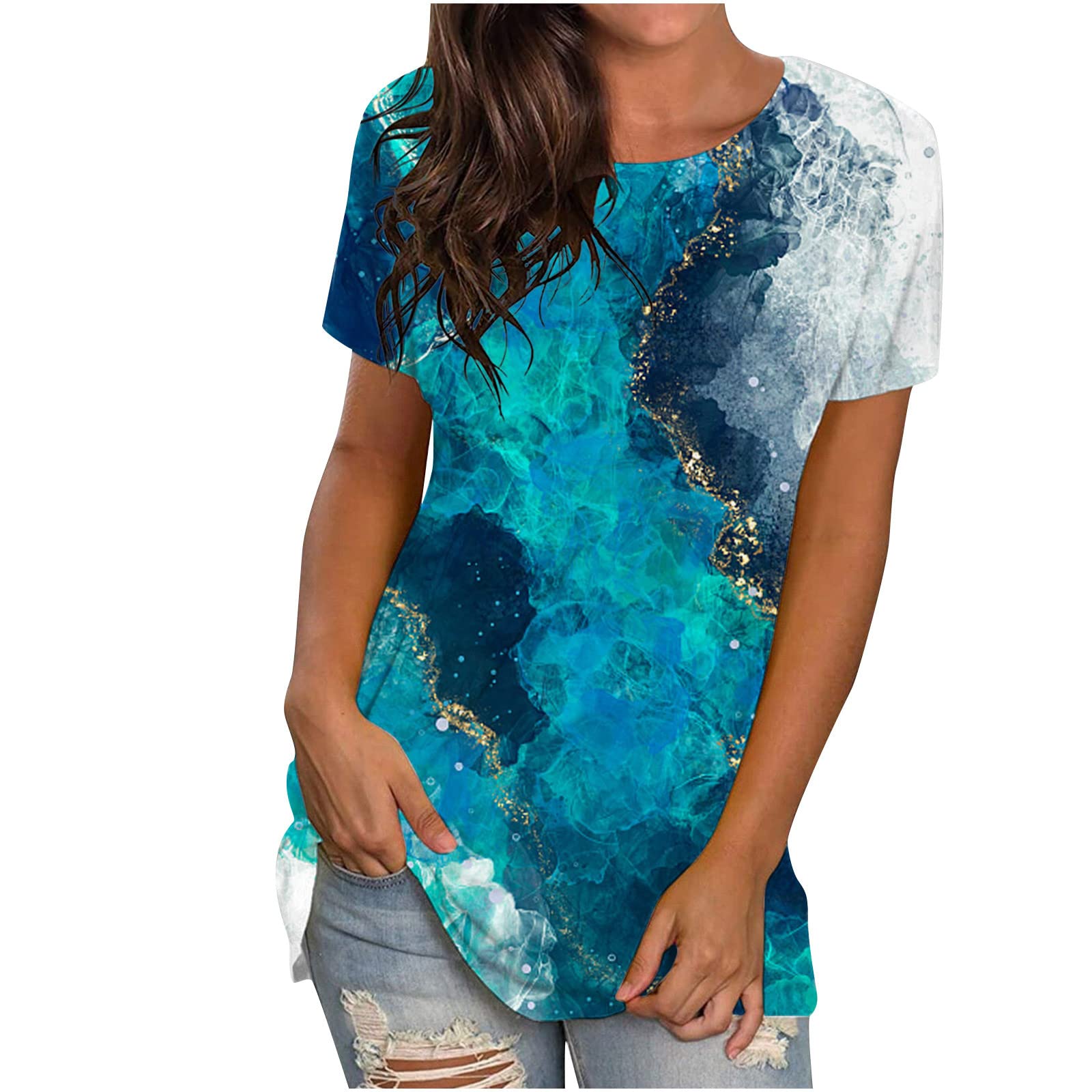 Women's Summer Tops - Plus Size Short Sleeve Crewneck Printed T-Shirts | Loose Fit Casual Tees for Everyday Wear & Beach Outings