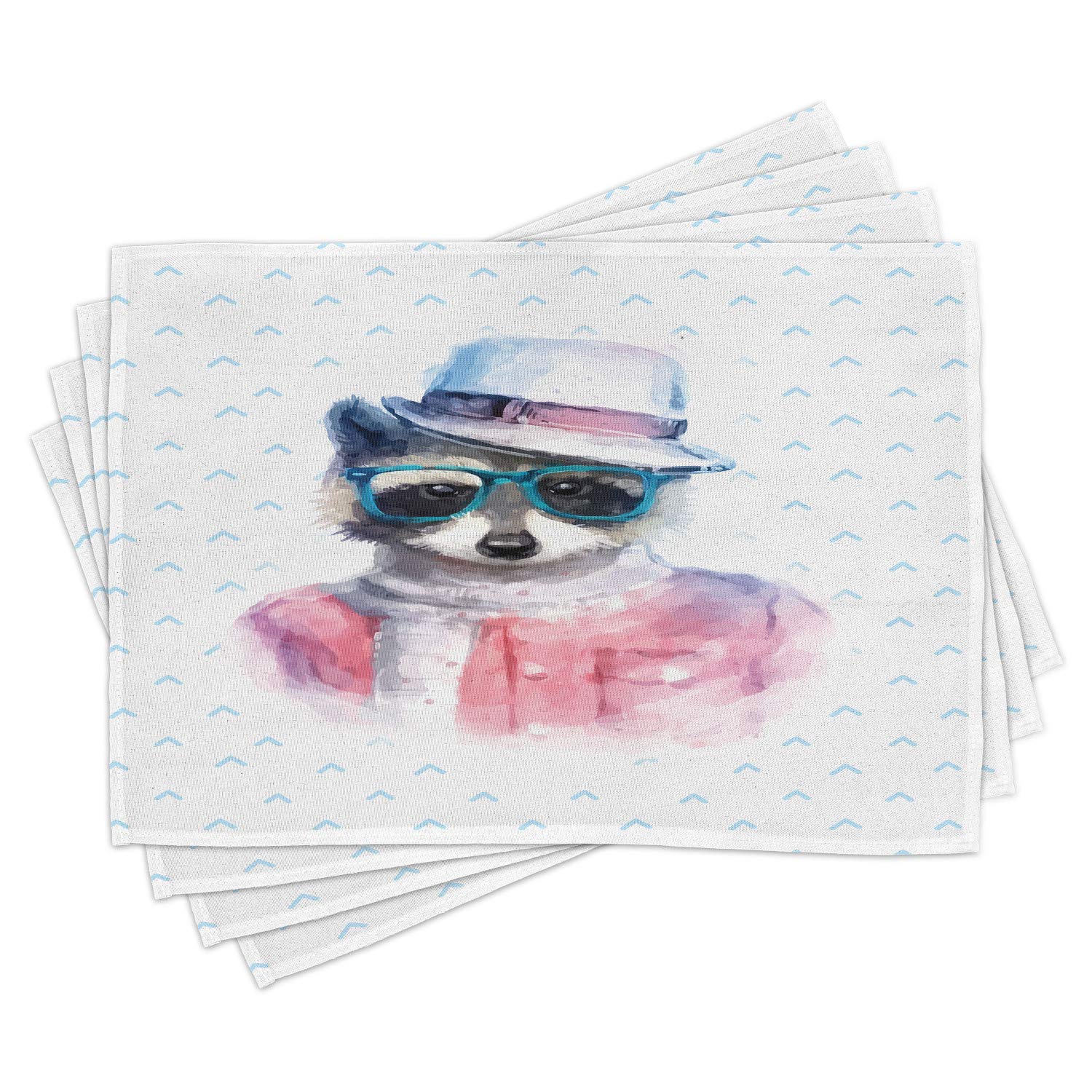 Ambesonne Funny Raccoon Place Mats Set of 4 - Retro Hipster Animal Design with Sunglasses & Hat - Washable Fabric Dining Table Mats for Kitchen & Home Decor (Pink & Blue) - Perfect for Parties, Family Dinners & Themed Decorations