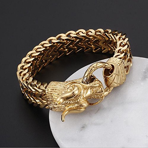 Qiaonitu Gothic Dragon Head Biker Chain Bracelet for Men - Stainless Steel Curb Link Bracelet in Gold | Perfect for Motorcycle Enthusiasts, Gothic Fashion & Punk Style Accessories