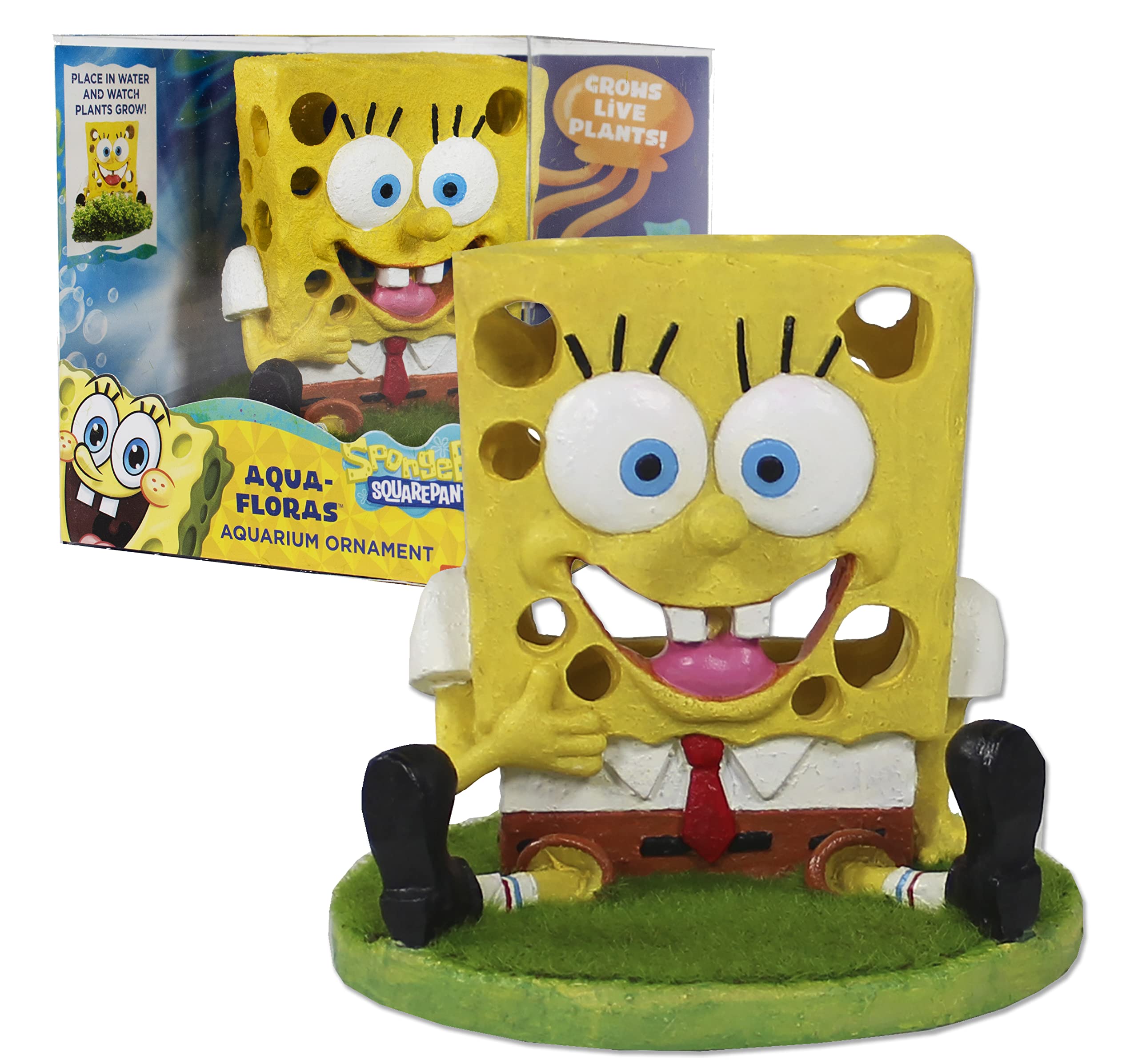 Penn-Plax Spongebob Squarepants Aqua-Flora Living Aquarium Decoration with Embedded Glosso Plant Seeds – Perfect for Fish Tanks, Betta Bowls & Aquatic Plant Enthusiasts