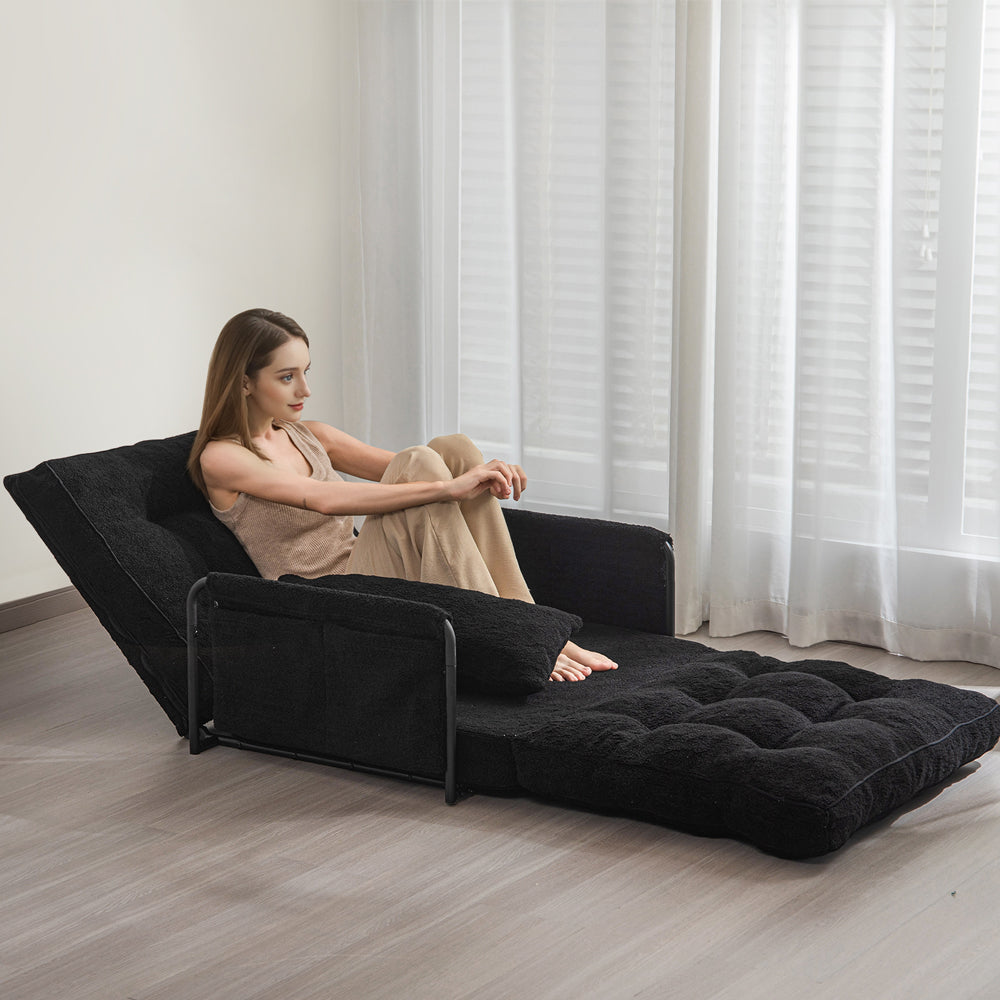 MAXYOYO Adjustable Floor Sofa Couch with Pillow - Boucle Convertible Lazy Sofa Sleeper Bed with Armrest - Single Size in Black - Perfect for Small Spaces, Living Rooms & Guest Beds