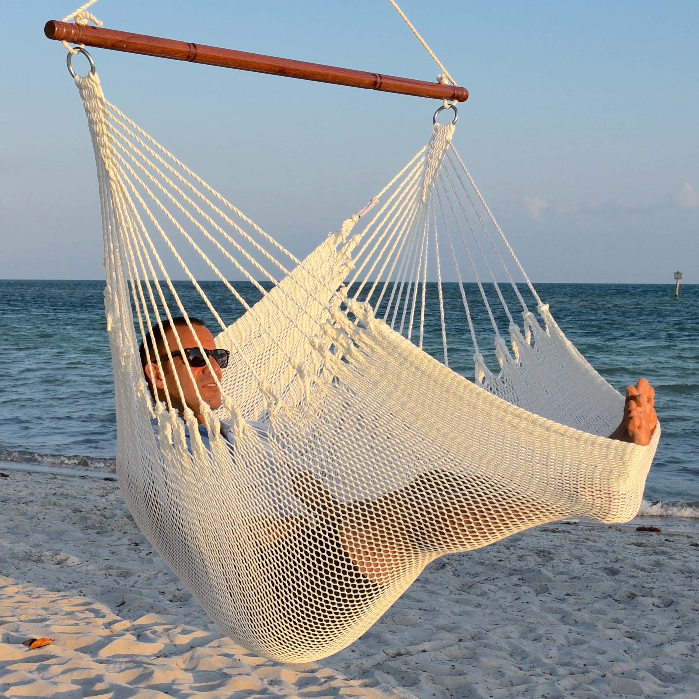 Jumbo Caribbean Hammock Chair with Footrest - 55 Inch Oversized Hanging Swing Seat - Soft-Spun Polyester Fabric - White Outdoor Relaxation Chair for Patio, Garden & Backyard