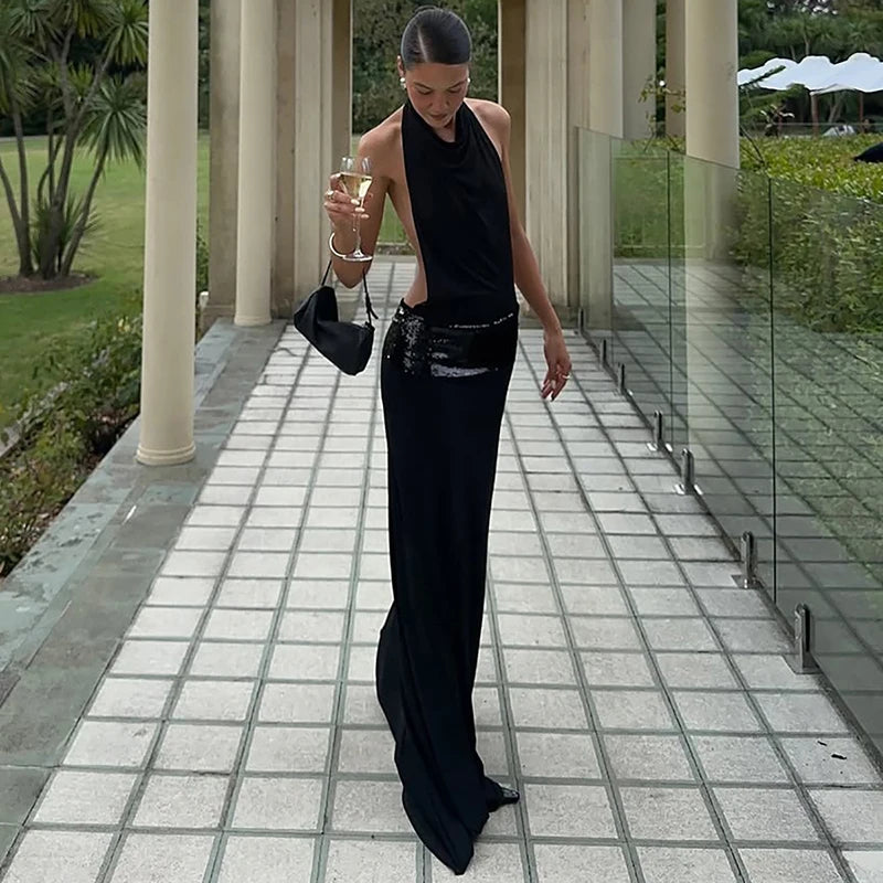 Elegant Black Halter Backless Glitter Maxi Dress for Women - High Waist Sleeveless Long Gown for Evening Party, Prom, Wedding Guest & Special Occasions