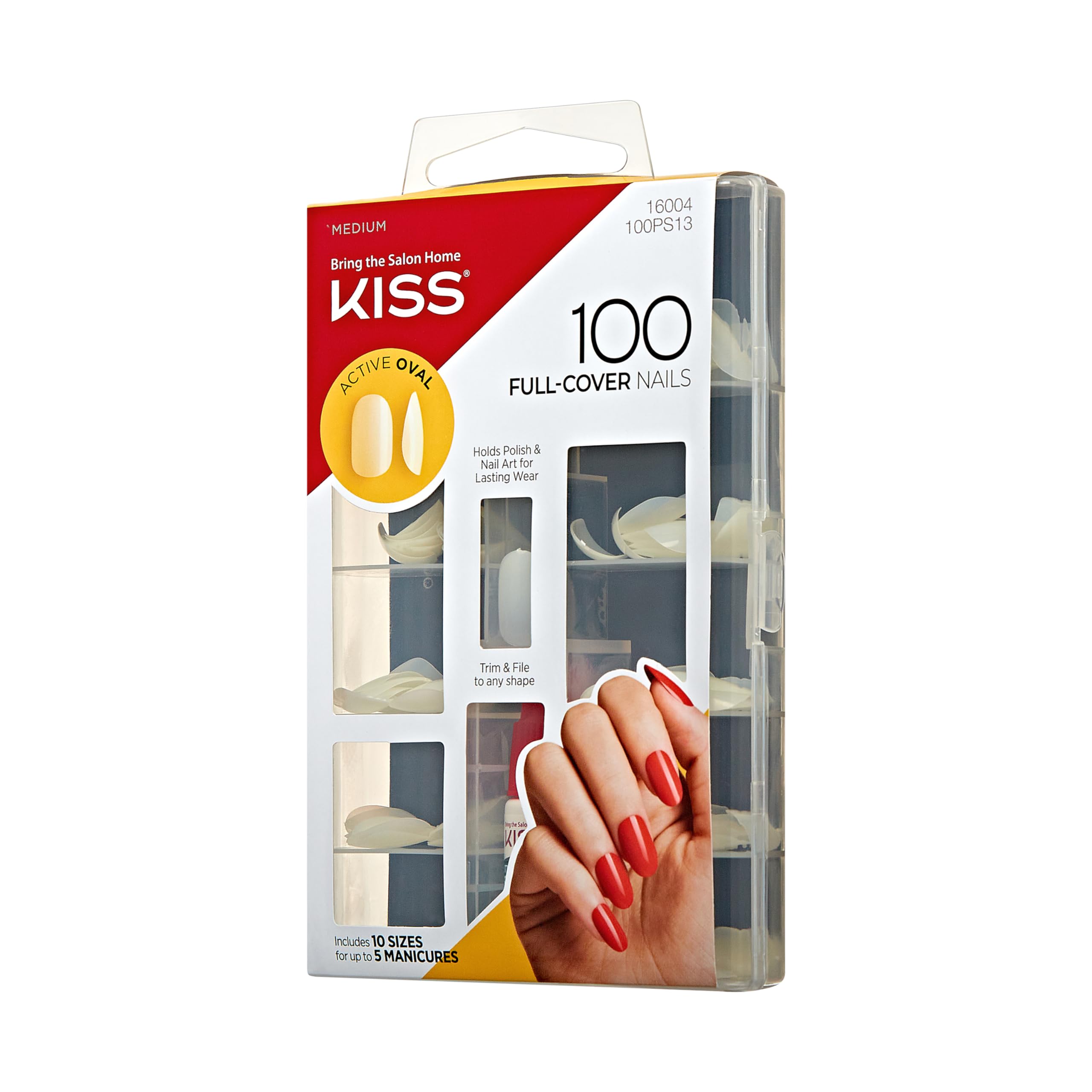 KISS 100 Full Cover Fake Nails Manicure Kit - Medium Length Active Oval False Nails (10 Sizes, 5 Manicures, 100 Pieces) for Women - Perfect for Parties, Weddings, and Daily Wear