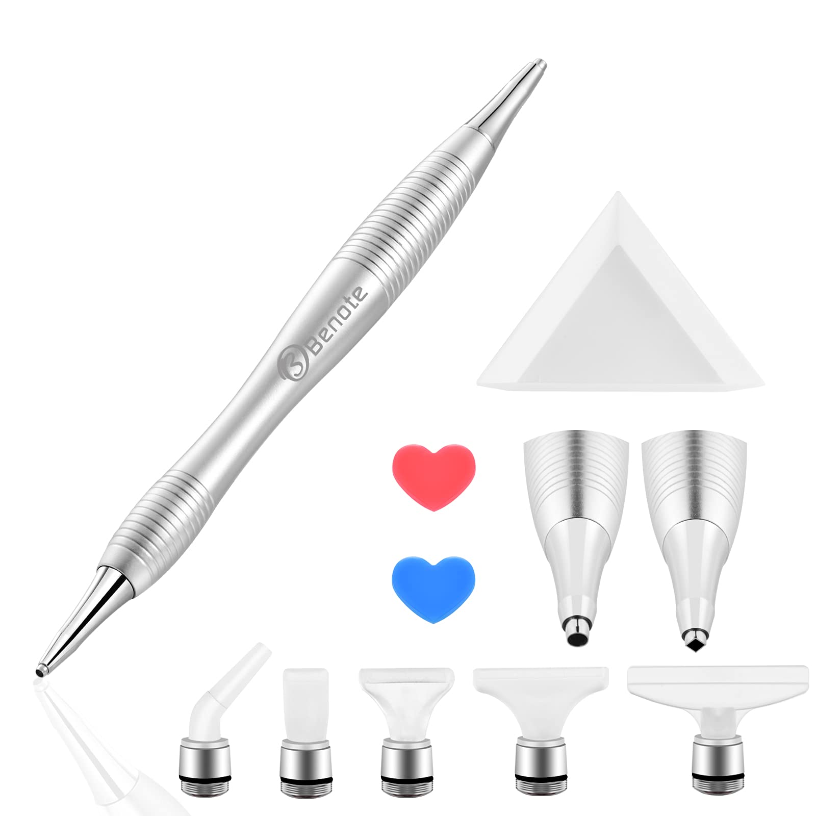 Benote Metal Diamond Art Painting Pen - 5D Diamond Drill Sticky Pen with Ergonomic Design, Multi Replacement Heads & Wax for Diamond Painting, Cross Stitch & DIY Crafts - Perfect for Home Decor, Gifts & Relaxation Therapy (Silver)