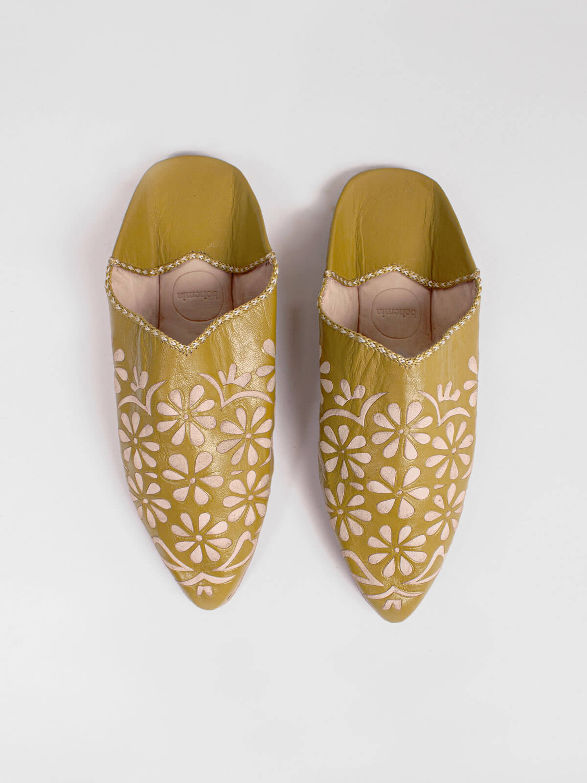 Mustard Moroccan Decorative Daisy Babouche Slippers - Handmade Leather House Shoes for Women | Perfect for Home, Lounge & Boho Fashion