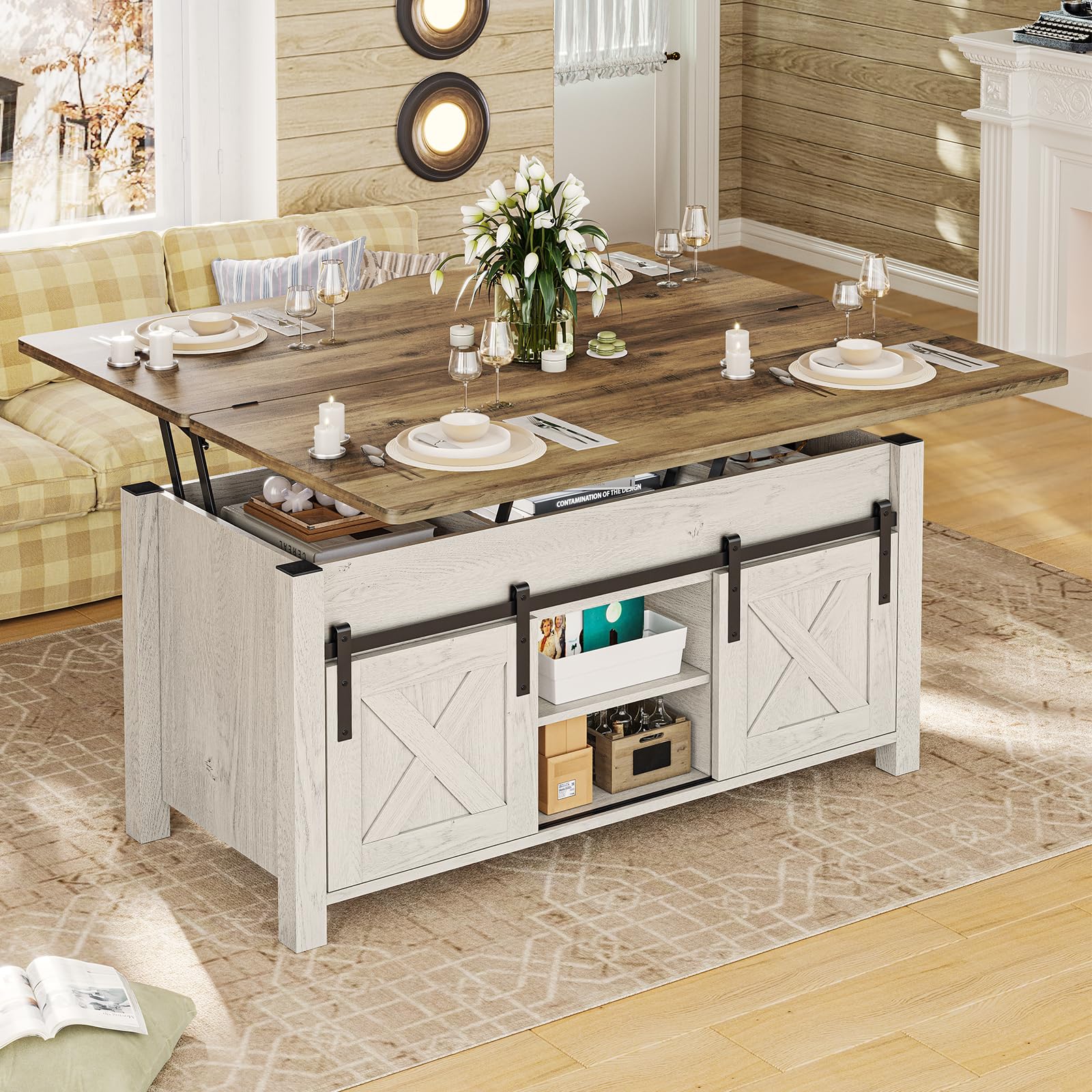 SEDETA 4-in-1 Lift Top Coffee Table with Storage & Hidden Compartment - Convertible Farmhouse Coffee Table to Dining Table for Living Room, Rustic Brown - Perfect for Small Spaces, Entertaining & Multifunctional Home Decor