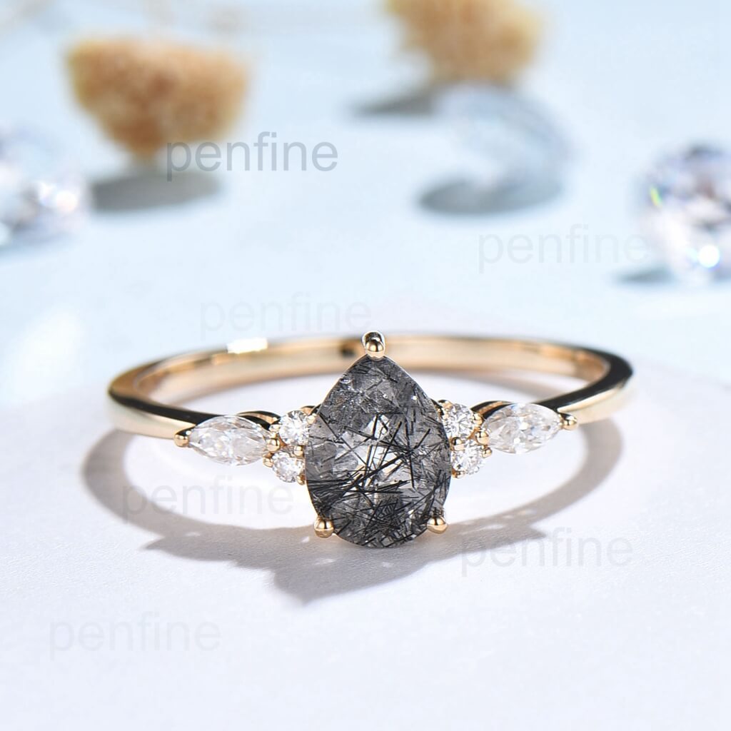 Vintage Marquise Moissanite Engagement Ring for Women - Pear Black Rutilated Quartz Rose Gold Wedding Band, Anniversary Gift for Her, Perfect for Proposals, Bridal Jewelry & Special Occasions