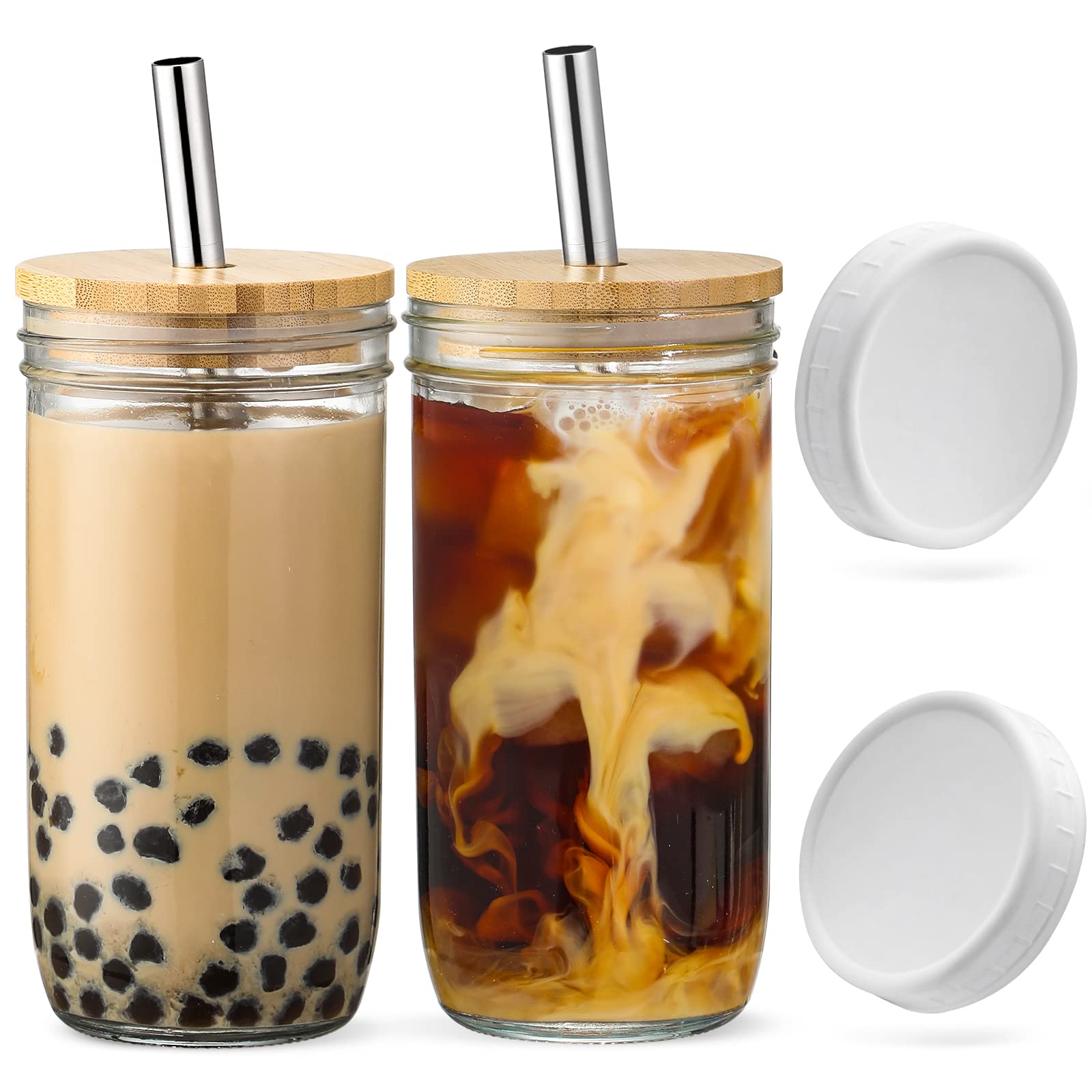 24oz Mason Jar Drinking Glasses Set with Bamboo Lids & Straws - 2 Pack Reusable Boba Tea Cups, Iced Coffee Tumblers with Airtight Lids - Perfect for Bubble Tea, Smoothies, Juice at Home, Office or Travel