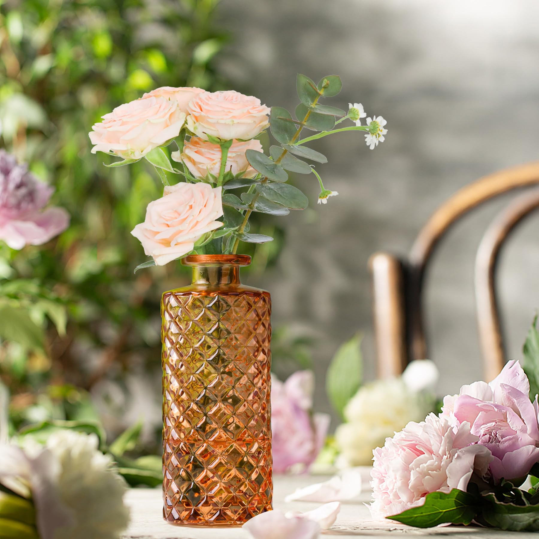 ComSaf 12-Piece Glass Bud Vases Set - Small Diamond Cut Mini Flower Vases for Wedding Centerpieces, Table Decor, Home & Reception Decorations (Amber) - Perfect for Wedding Bouquets, Floral Arrangements, and Rustic Home Decor