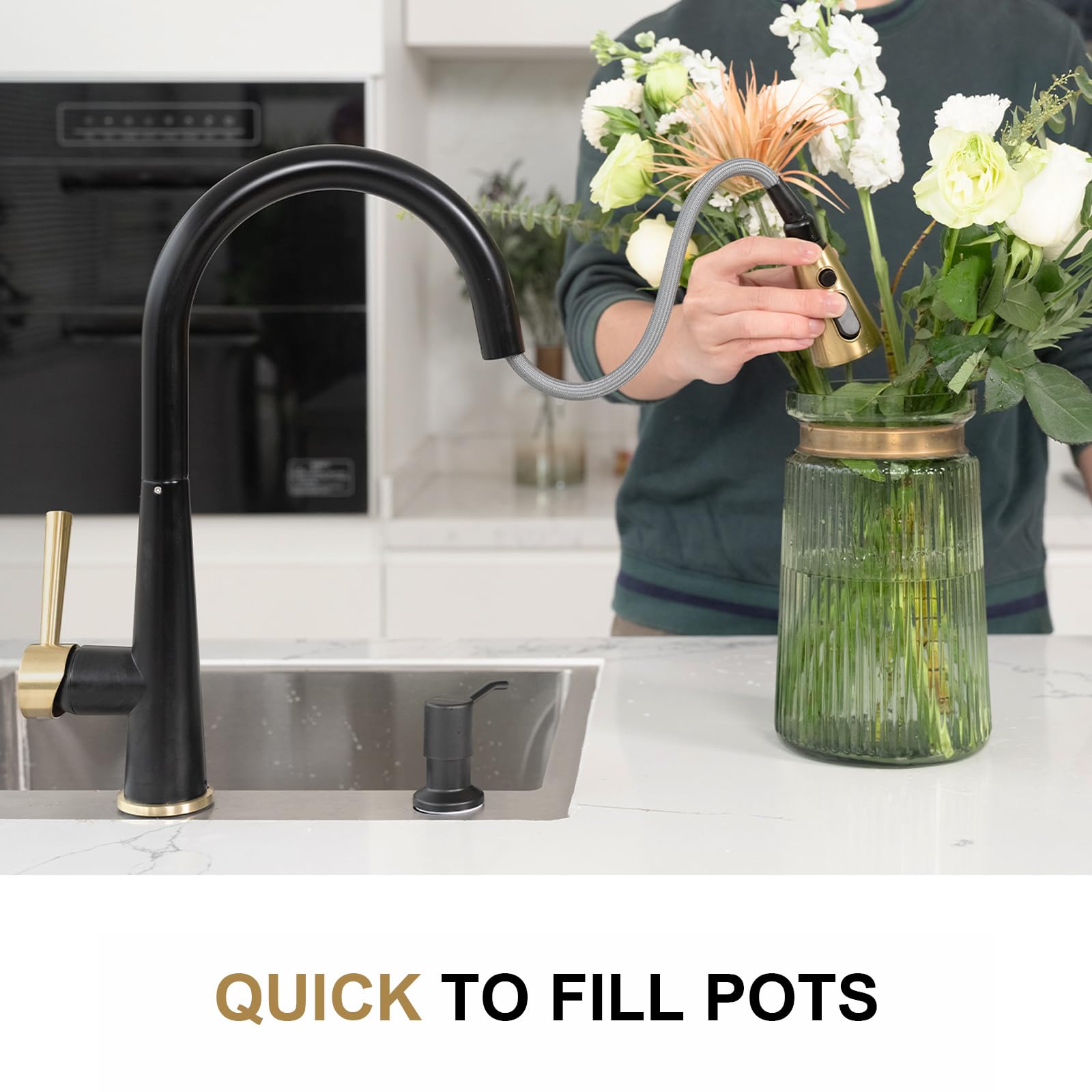 Premium Matte Black & Brushed Gold Kitchen Faucet with Magnetic Pull Down Sprayer - Modern Lava Odoro Design, Deck Plate & Docking Spray Head (Model KF321-GB) - Perfect for Farmhouse, RV & Apartment Kitchen Sinks