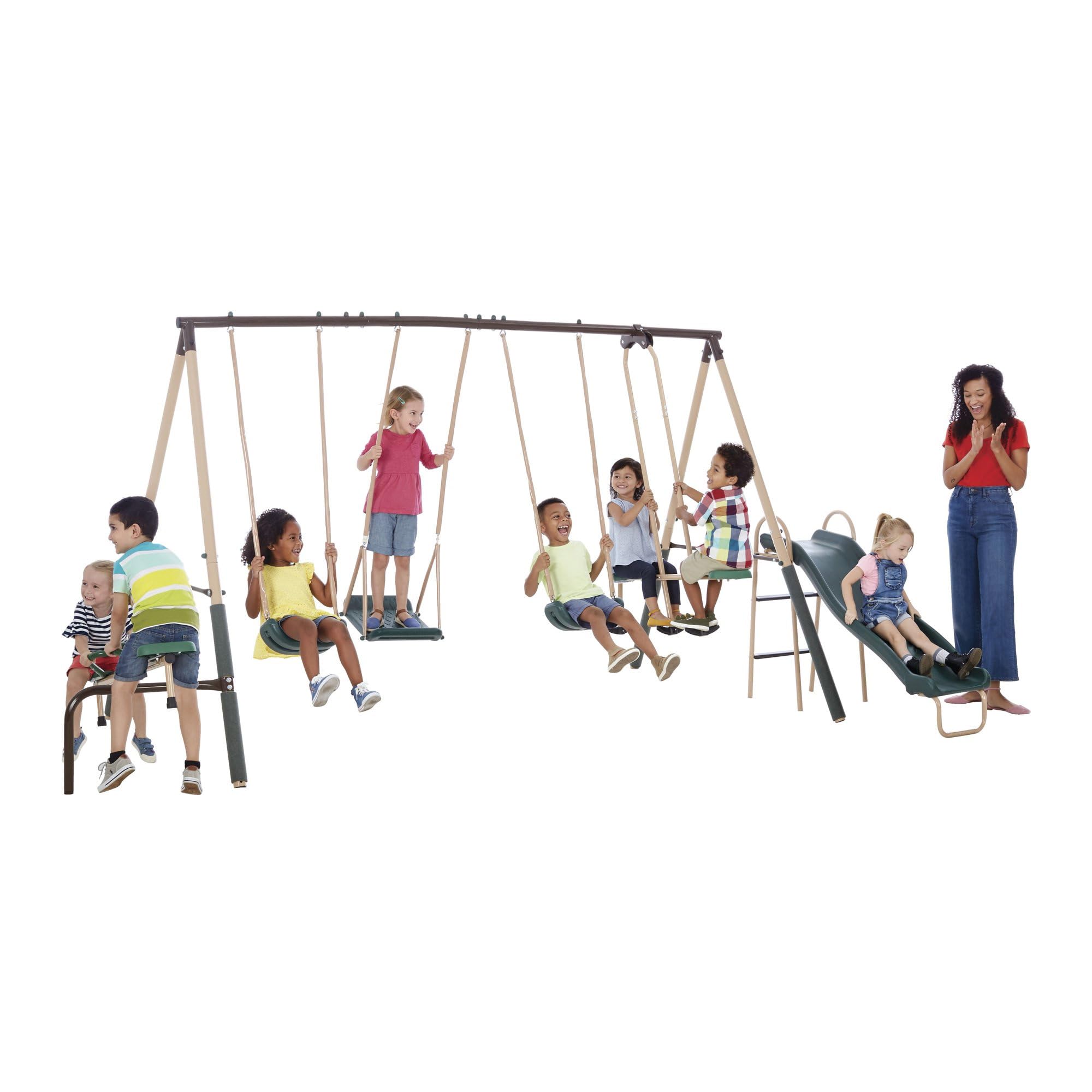 XDP Recreation Crestview Outdoor Metal Swing Set for Kids - Backyard Playset with 2 Swings, Slide, Stand N Swing, Fun Glider & See Saw - Green/Tan - Perfect for Outdoor Play, Birthday Gifts & Backyard Fun