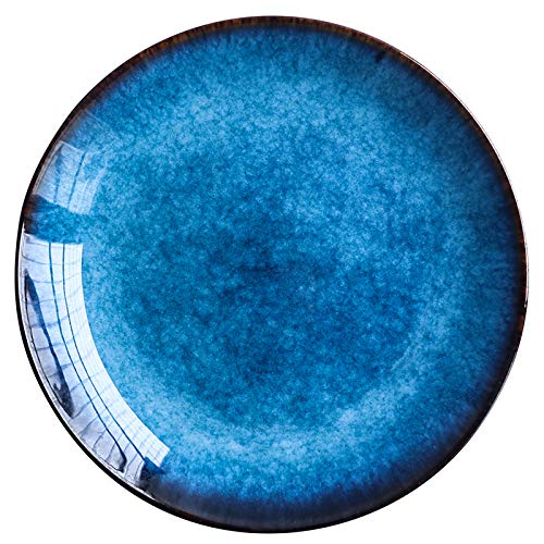 Blue Glazed Porcelain Dinner Plate Set - 4 Round Flat Plates for Everyday Dining, Parties & Home Decor