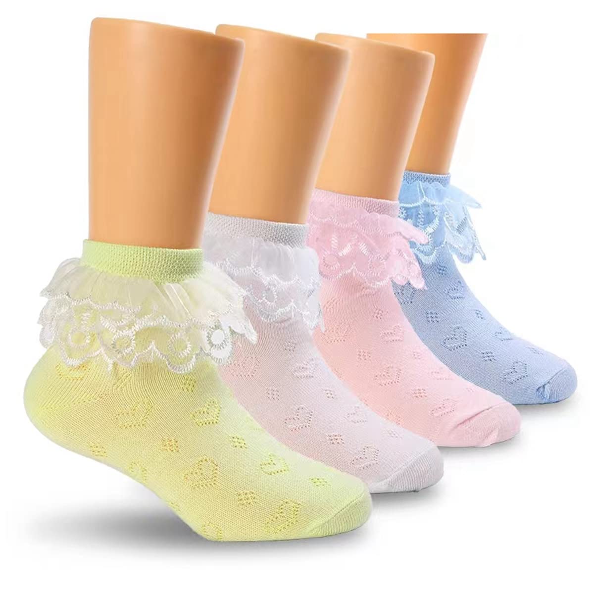 Hopply Girls Lace Ankle Socks 4-Pack - Ruffle Frilly Cotton Socks with Lace Trim - Cute Princess Socks for Teens & Big Girls - Perfect for School, Parties & Everyday Wear