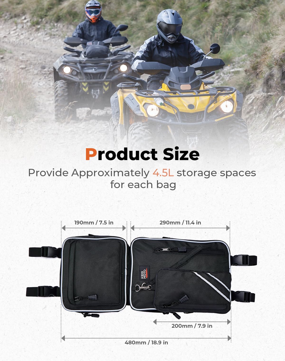 KEMIMOTO ATV Fender Bags - Detachable Waterproof ATV Saddle Bags with Water Bottle Holder | Compatible with Polaris Sportsman, Can-Am Outlander, Honda FourTrax & Yamaha TRX | 2-Pack Black ATV Storage Bags for Off-Roading, Hunting & Trail Riding