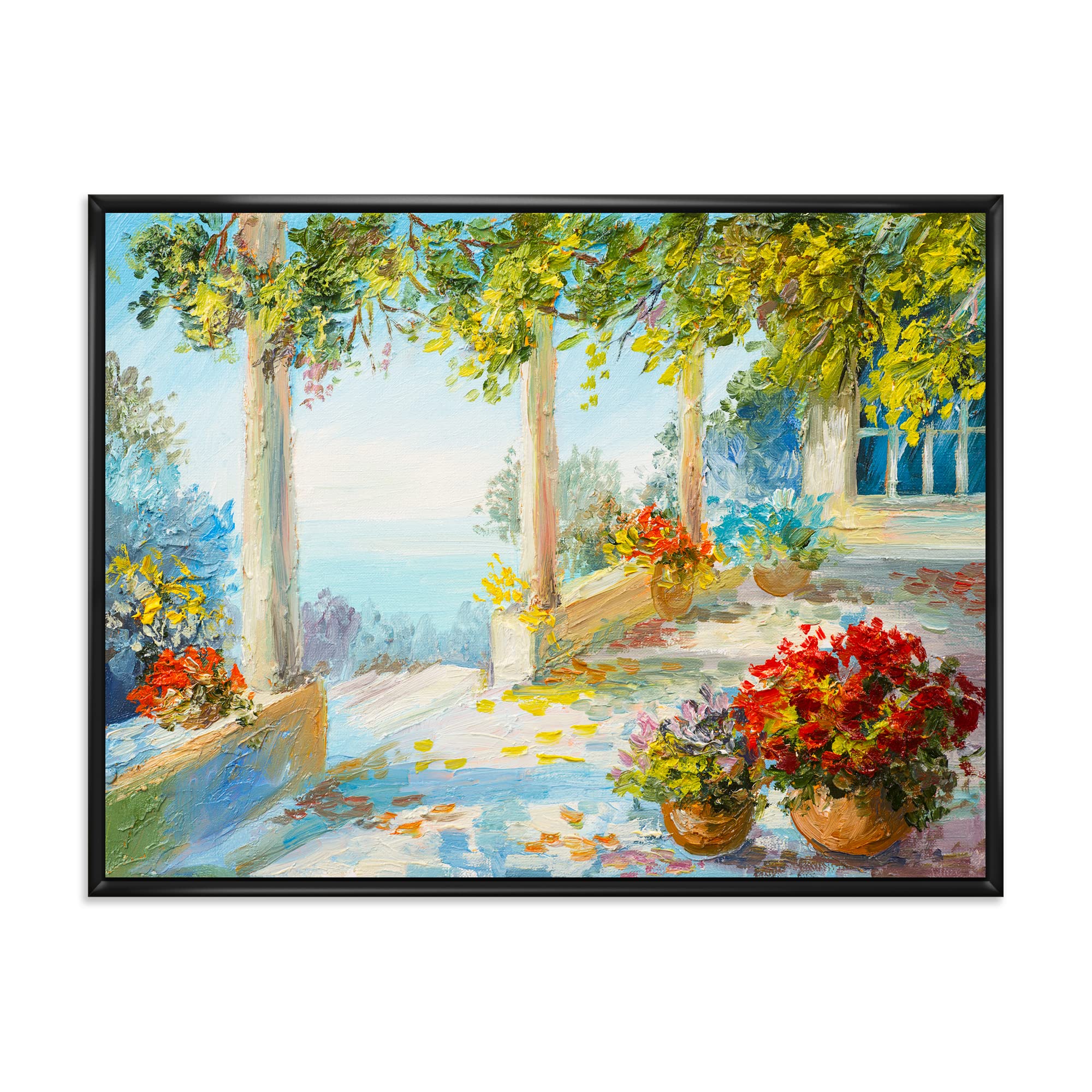 Nautical & Coastal Framed Canvas Wall Art Print - Terrace Near The Sea With Red Flowers | Perfect for Beach House Decor, Living Room, Office & Coastal Themed Interiors