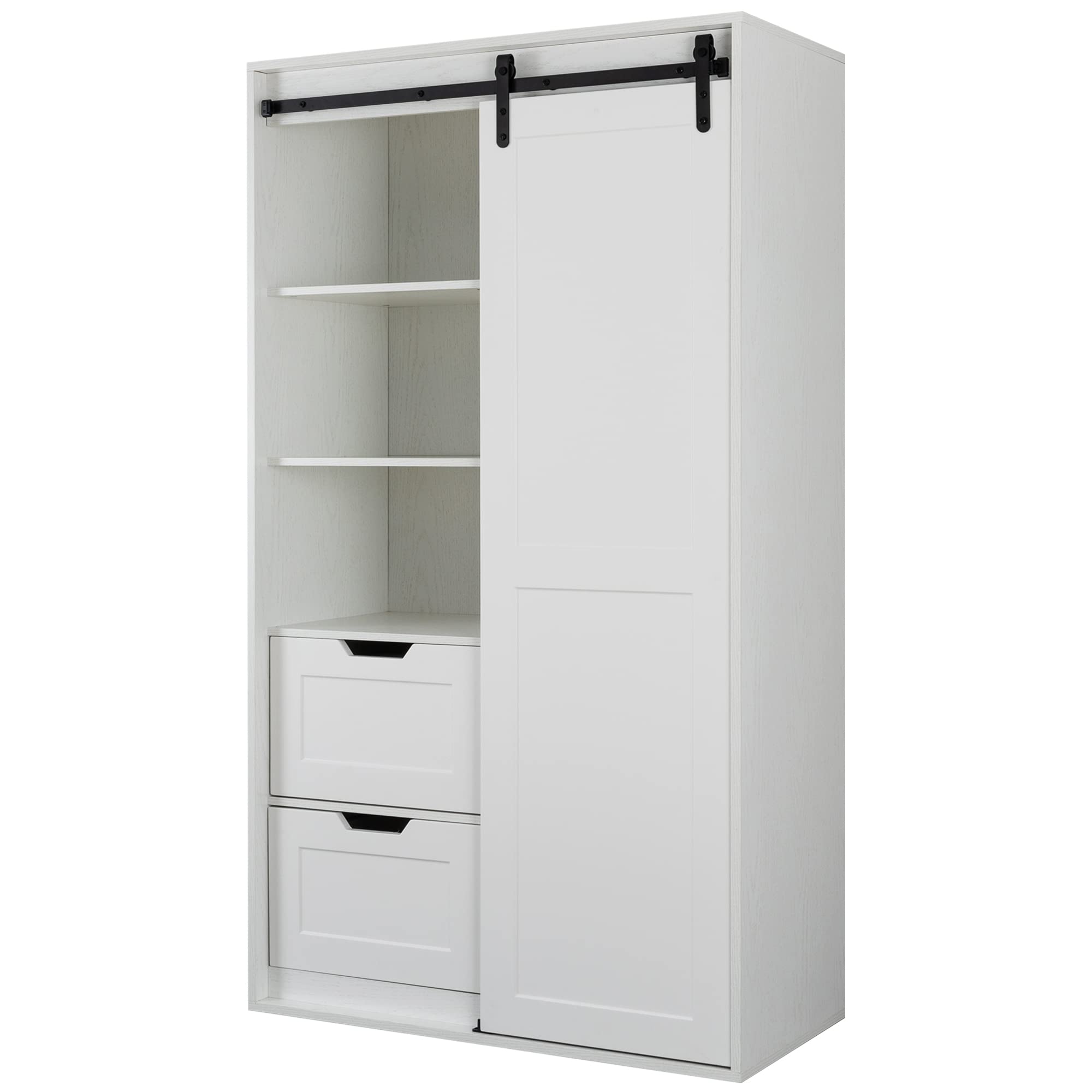 71 Inch Tall White Armoire Wardrobe Closet - Spacious Bedroom Storage Cabinet with Hanging Rod, Barn Doors, Drawers & Open Shelves for Clothes, Shoes & Accessories | Perfect for Master Bedroom, Guest Room or Dorm Organization