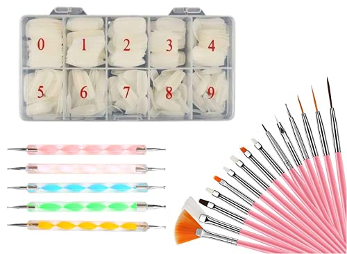 500 Pcs Nails with 15 Professional Nail Art Brushes & 5 Dotting Pens - Complete Nail Art Design Kit for DIY Manicure, Salon & Home Use