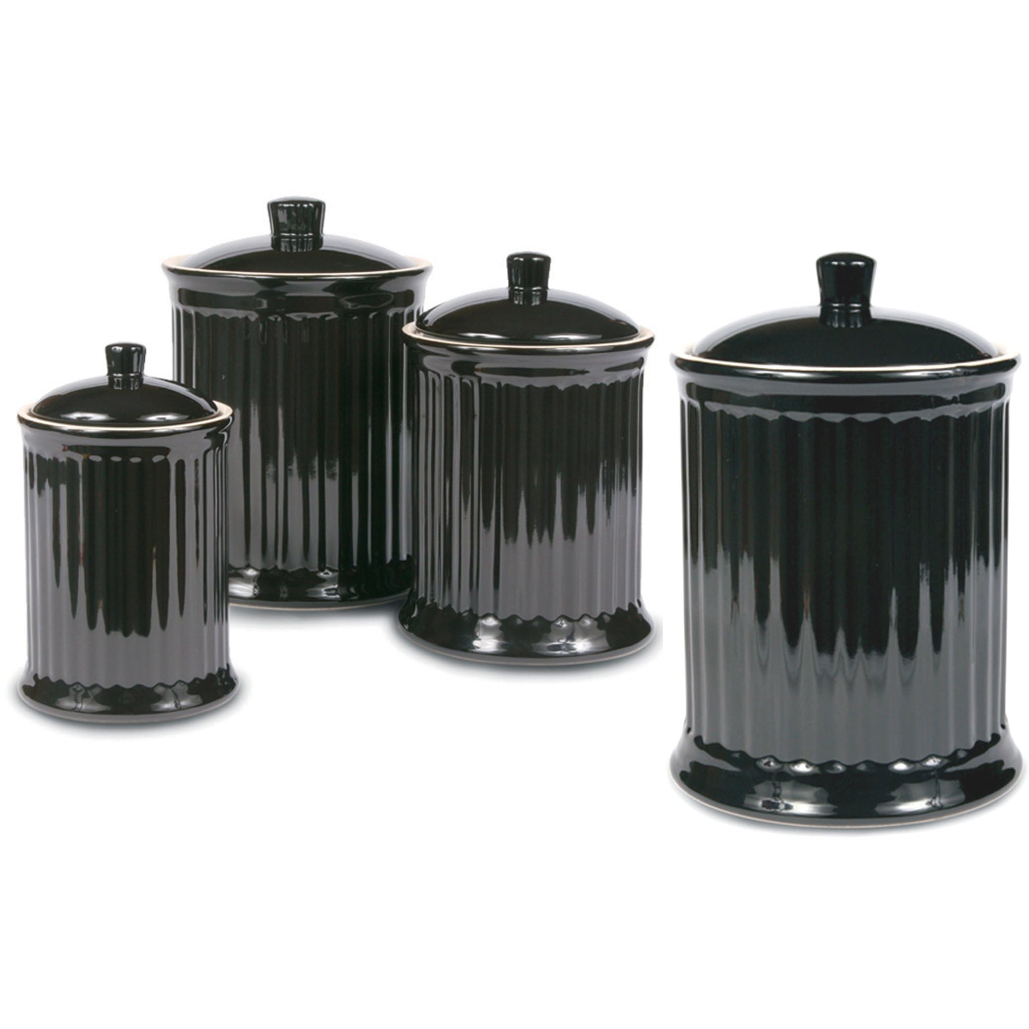 Omniware Simsbury 4-Piece Stoneware Canister Set - Airtight Kitchen Storage Containers with Silicone-Sealed Lids, Lead-Free Glaze & Dishwasher Safe - Rustic Farmhouse-Style Flour, Sugar, Coffee & Tea Canisters (Black) - Perfect for Pantry Organization & Countertop Display