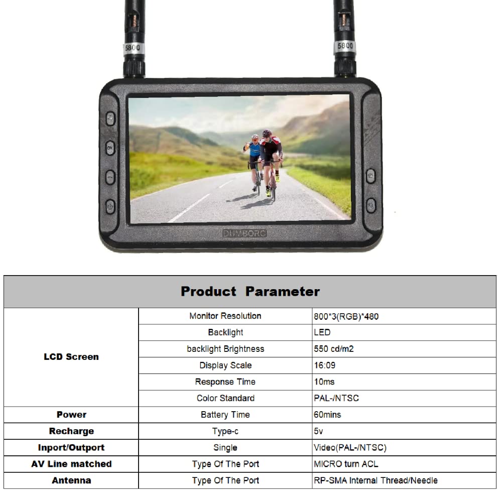 4.3'' FPV Monitor with 5.8Ghz 40CH Wireless LCD Display, 800x480 Resolution & Built-in Battery for RC Cars, Drones, Trucks, Crawlers, Boats - Perfect for FPV Racing, Aerial Photography and Remote Control Hobbies