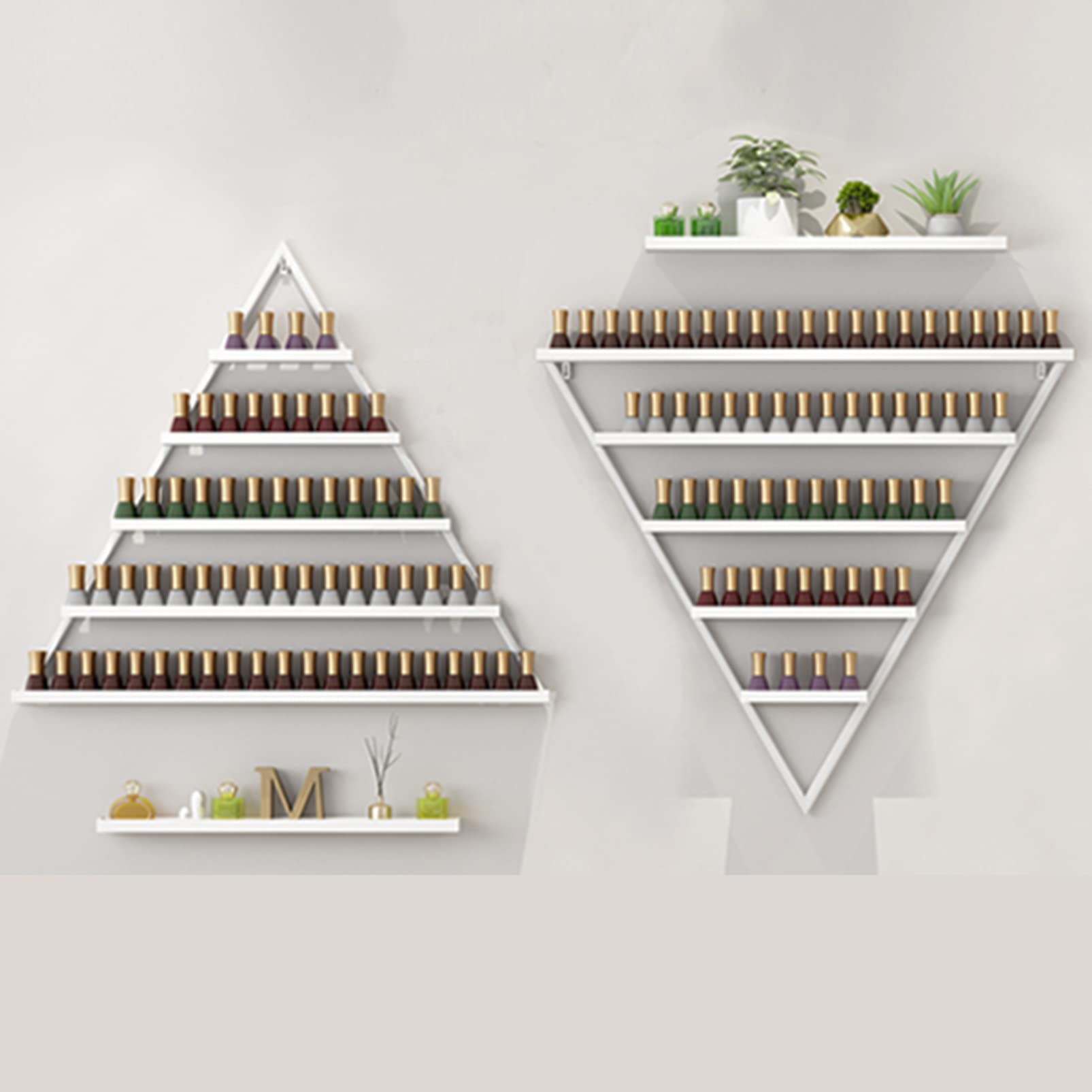 Wall Mounted Nail Polish Rack & Perfume Organizer - Triangle Metal Holder for Essential Oils, Cosmetics & Spice Storage - Perfect for Home Salon, Spa & Business Display (White) - Organize Your Beauty Essentials in Style