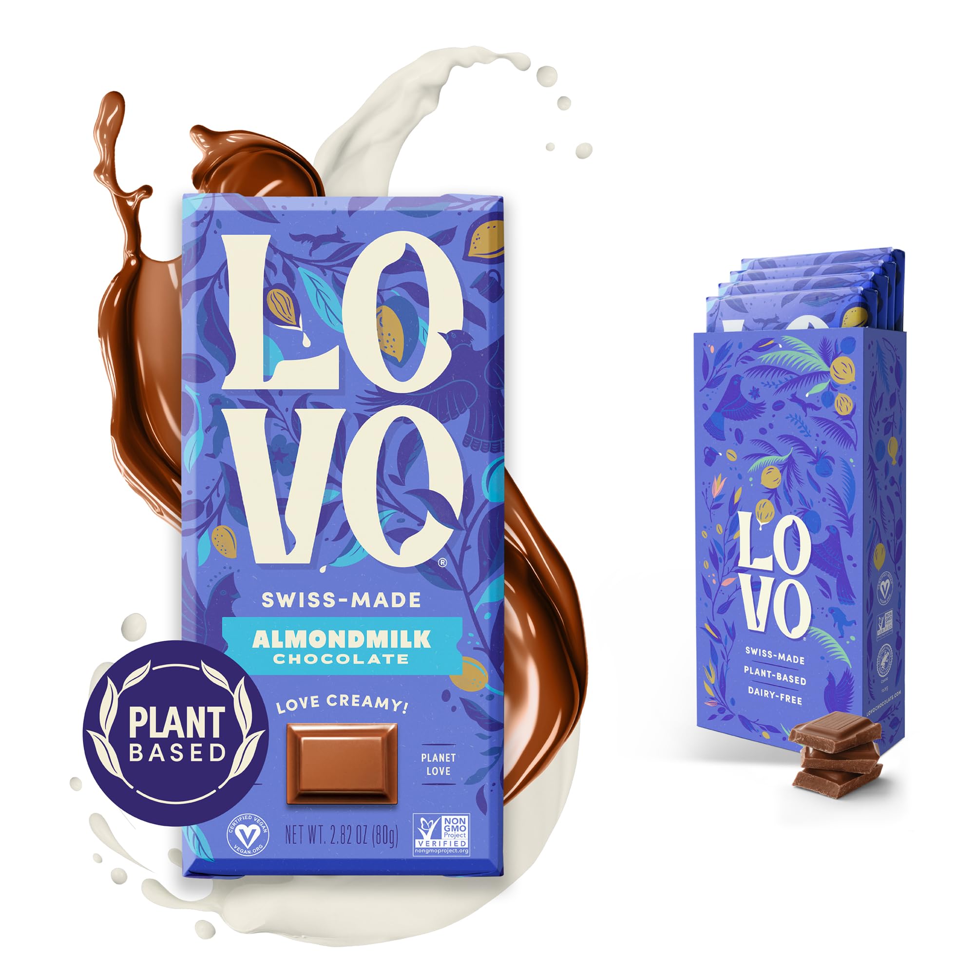 LOVO Almondmilk Chocolate Bar - 100% Plant-Based Vegan Milk Chocolate Alternative, Dairy-Free, Gluten-Free, Creamy Swiss-Made Chocolate with Almondmilk, RFA Certified, 2.82oz (4-Pack) - Perfect for Vegan Desserts, Healthy Snacking & Gift Giving