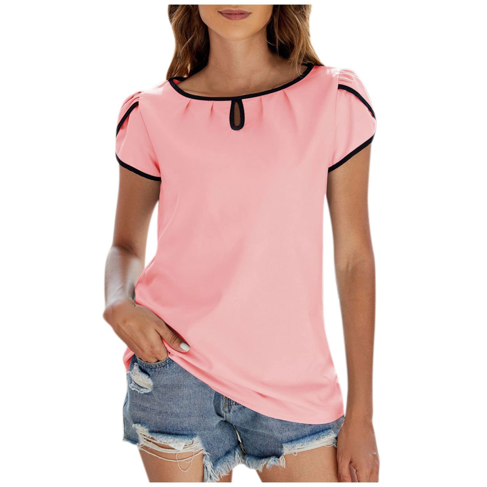 Women's Round Neck Short Sleeve T-Shirt - Summer Casual Solid Color Blouse with Cut Out Design | Trendy Ladies Top for Everyday Wear, Beach Outings & Date Nights