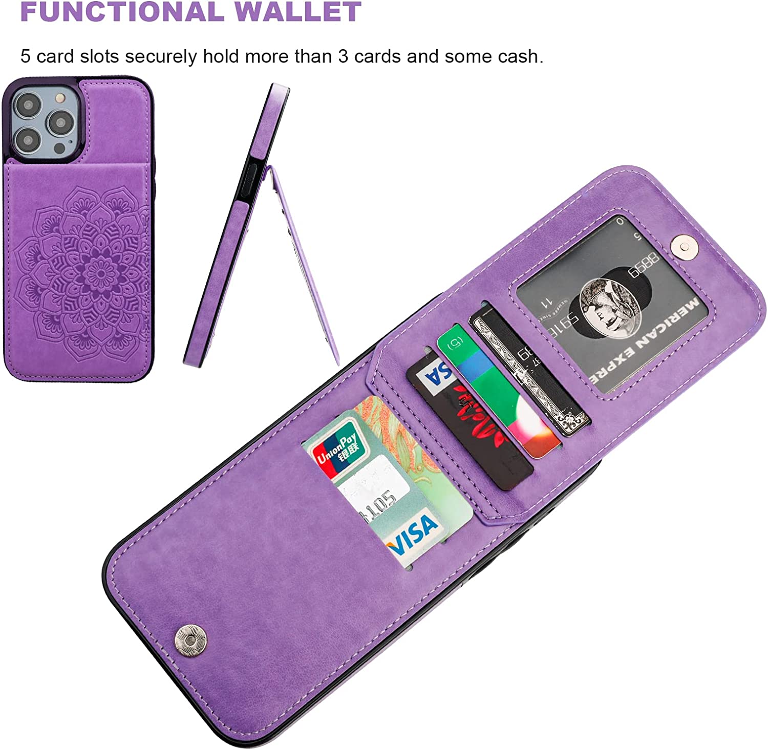 iPhone 14 Pro Max Wallet Case with Embossed Mandala Floral Design - Premium Purple Leather Phone Cover for Women & Men | Perfect for Everyday Use, Travel & Business Meetings