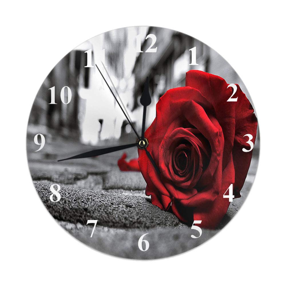 Moslion Rose Clock - Silent Non-Ticking Floral Wall Decor with Lost Love Rose Design, 10 Inch Round Rustic Clock for Kitchen, Bathroom, Office (Red/Gray) - Perfect for Home, Bedroom & Living Room Décor