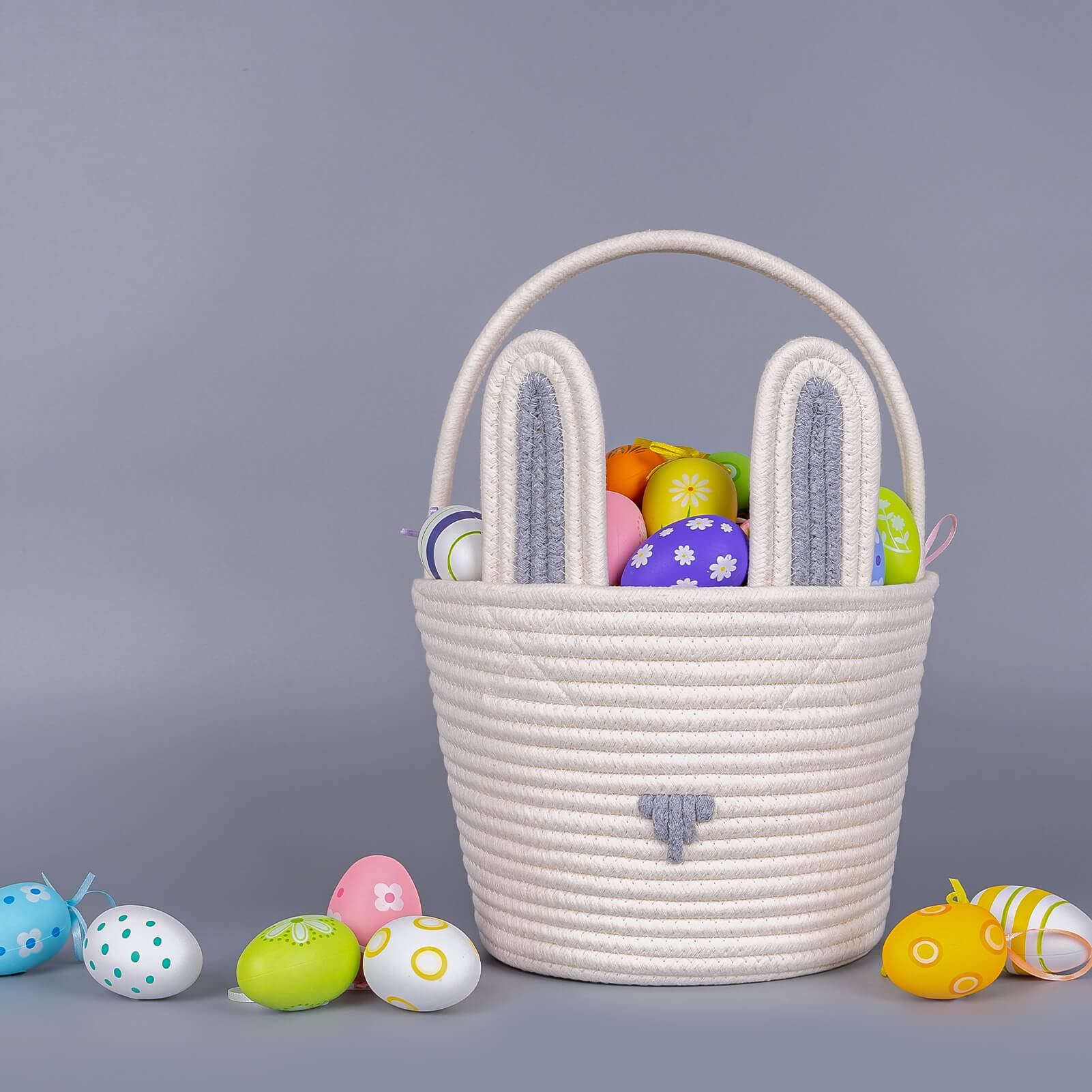 CubesLand Easter Baskets for Kids - Bunny Themed Easter Egg Hunt Basket, Cute Baby Gift & Party Decor (9.8 x 7.8 x 7.8 Inches, Grey White) - Perfect for Easter Celebrations, Egg Hunts & Spring Decorations