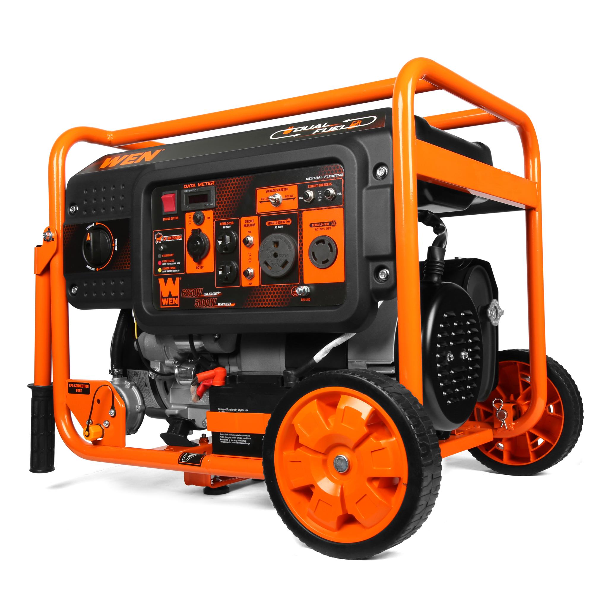 WEN DF623X 6250-Watt Dual Fuel Portable Generator with Electric Start - 120V/240V Output, Wheel Kit & CO Sensor - Perfect for Home Backup Power, Camping & Job Sites