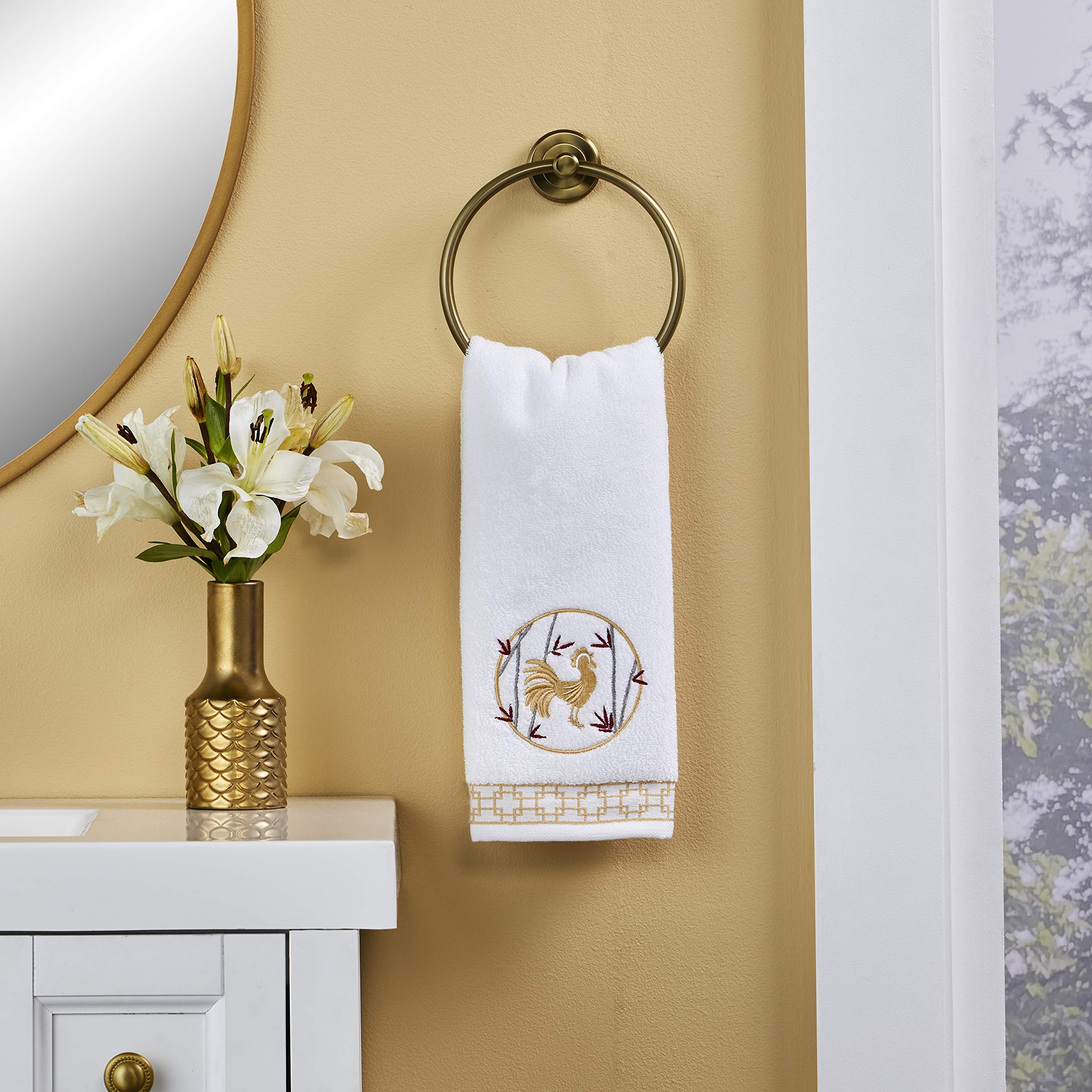 SKL Home Vern Yip Zodiac Rooster Hand Towel Set - 2-Piece White Cotton Kitchen & Bath Towels for Farmhouse Decor, Guest Bathroom Essentials, Holiday Gifts