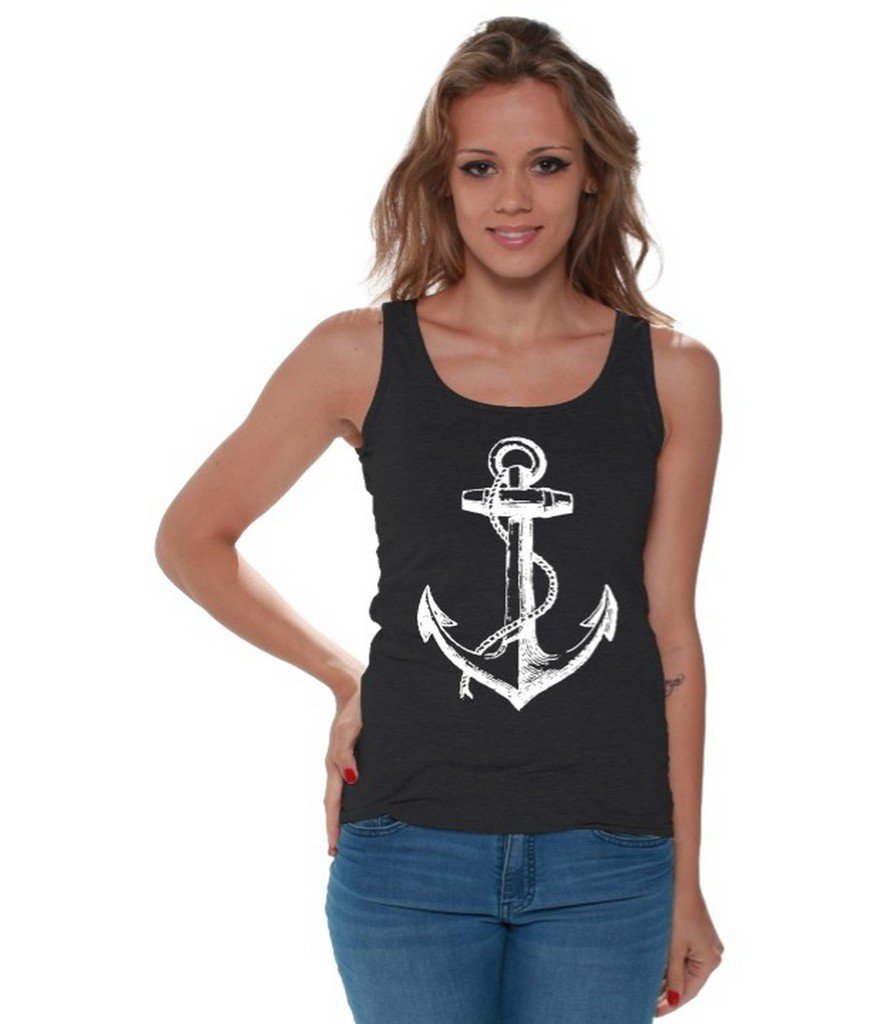 Women's Anchor Print White Tank Top - Sailor Navy Style Casual Summer T-Shirt for Beach, Travel & Everyday Wear