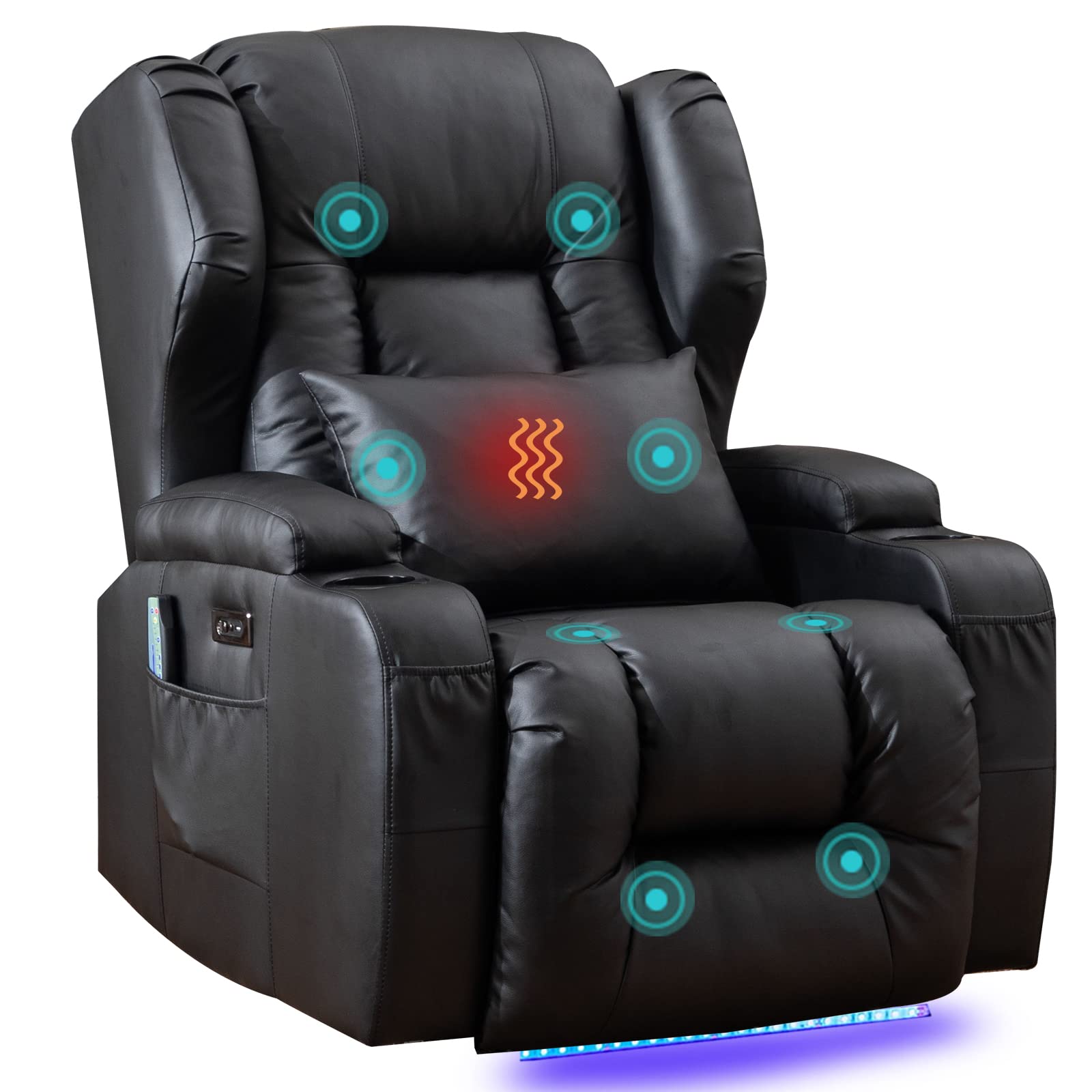 SAMERY Power Recliner Chair with Massage & Heat - Electric Wingback Recliner for Elderly & Adults, Ergonomic Lounge Sofa with LED Lights, USB Port, Cup Holders & Storage Pockets - Perfect for Home Theater, Living Room & Relaxation
