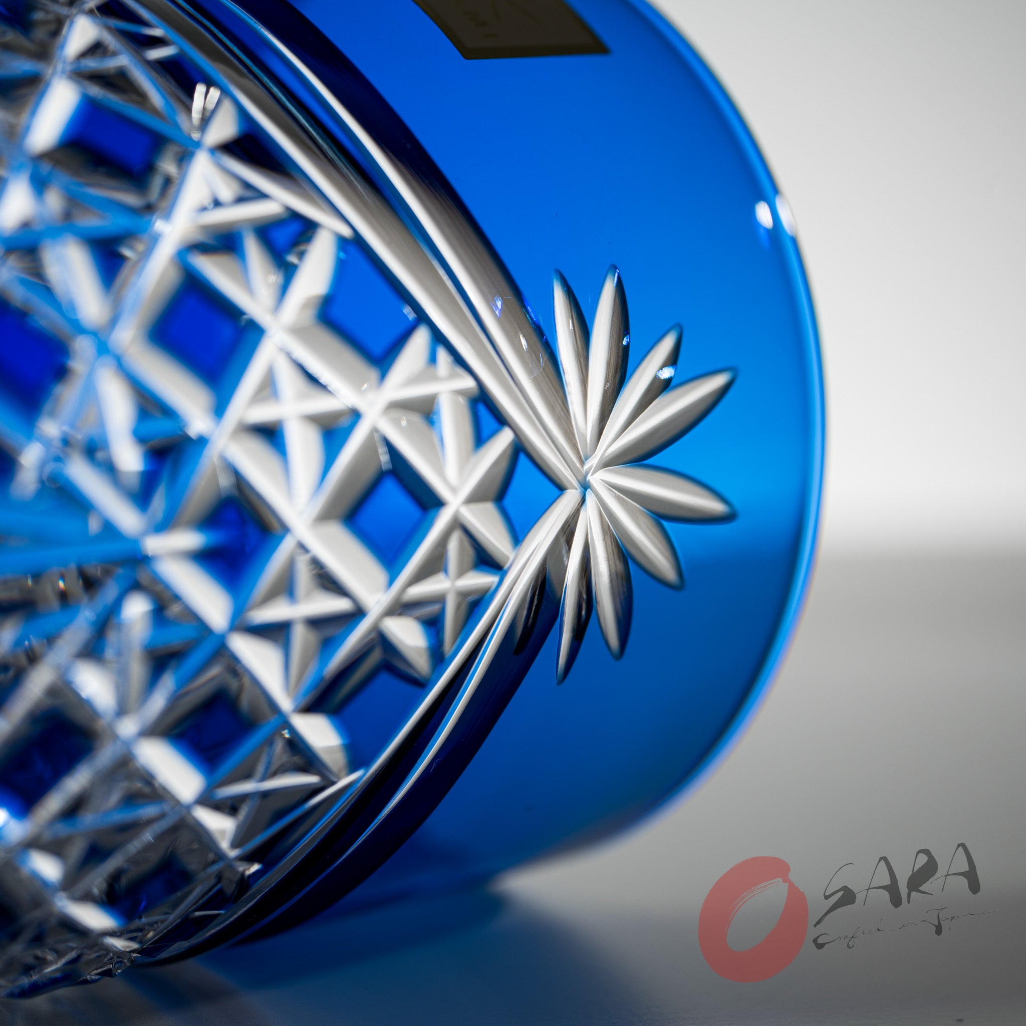 Premium KAGAMI Crystal Edo Kiriko Rock Glass - Handcrafted Blue Folded Curtain Design - Elegant Whiskey & Cocktail Glass for Home Bar & Gifting