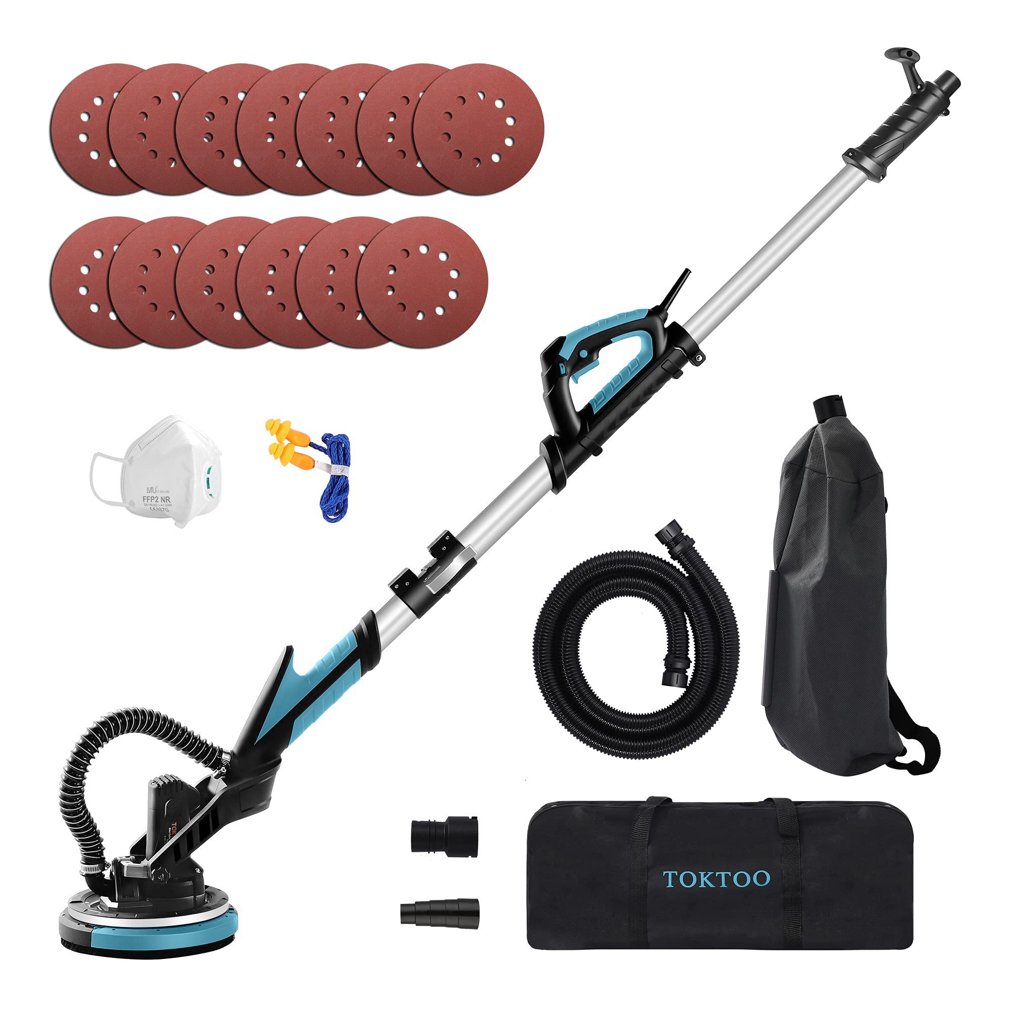 TOKTOO Electric Drywall Sander with Vacuum Attachment - 6 Variable Speed, Extendable Handle, 13 Sanding Discs & LED Light - Perfect for Drywall Repair, Ceiling Sanding & Home Renovation Projects - Includes Carrying Bag