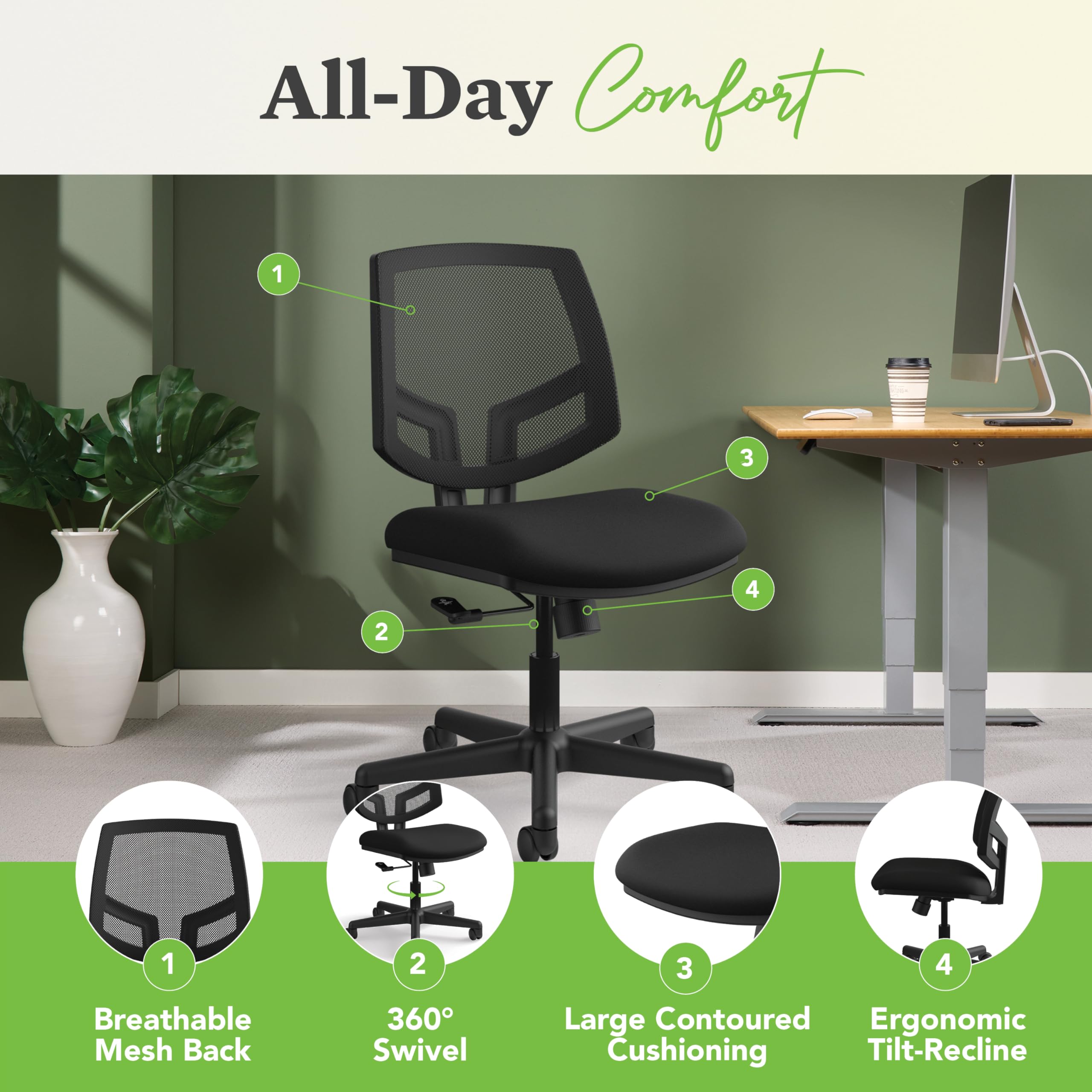 HON Volt Mesh Office Chair - Ergonomic Computer Desk Chair with Breathable Mesh Back, Adjustable Height & Lumbar Support - Ideal for Home Office, Gaming, and Workspace (Black)
