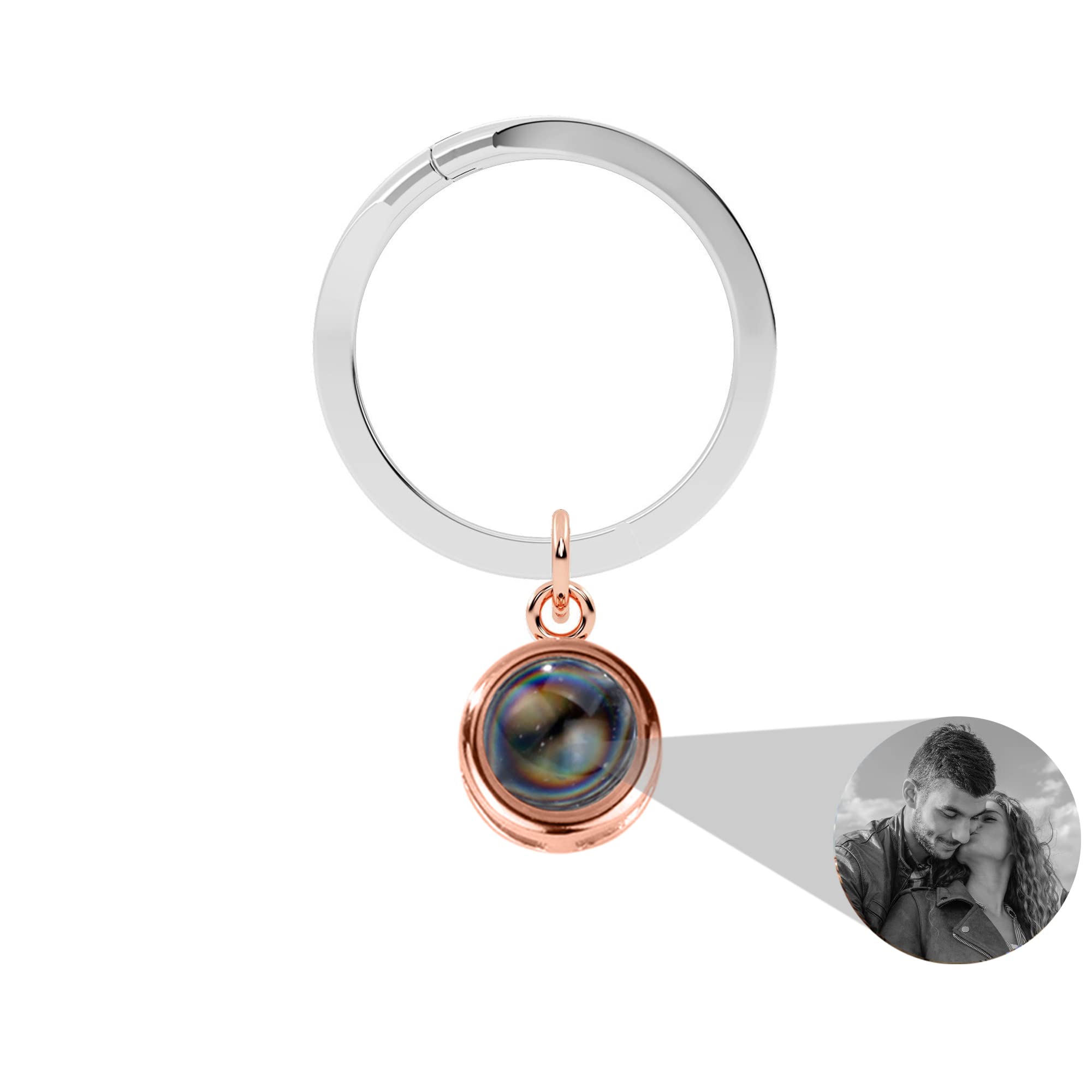 Custom Engraved 925 Sterling Silver Photo Keychain - Personalized Round Projection Pendant Gift for Men & Women - Perfect for Anniversaries, Birthdays & Keepsakes