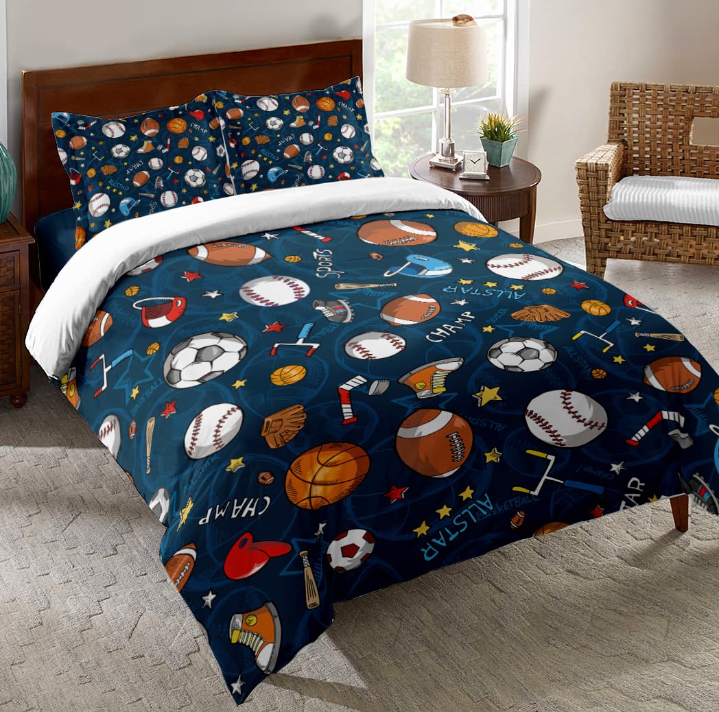 Full Size Sports Comforter Set - Basketball Baseball Football Soccer Printed Bedding for Teens, Boys & Kids | Perfect for Bedroom Decor & Sports Fans Gifts