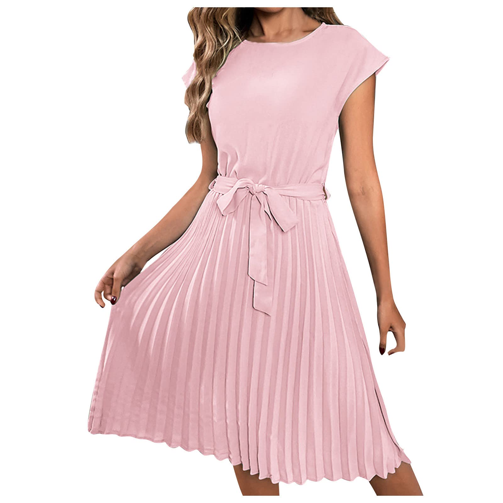 Women's Summer A-Line Mini Dress with Belt, O-Neck & Cap Sleeves - Flattering Pleated Work Dress for Office & Daily Wear | Casual Outfits, Date Night & Summer Vacation Outfits