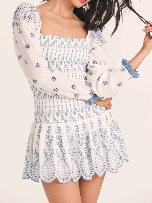 Elegant Women's Porcelain Embroidered Mini Dress - Floral Embroidery Summer Party Cocktail Dress for Weddings, Dates & Special Occasions