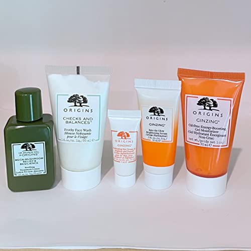 **Origins Ginzing Skincare Set - Oil-Free Energy-Boosting Gel Moisturizer 1.0oz, Brightening & Depuffing Eye Cream 0.17oz, Revitalizing Serum 0.5oz, Checks and Balances Face Wash & Mega Mushroom Toner - Perfect for Glowing Skin & Morning Routine**