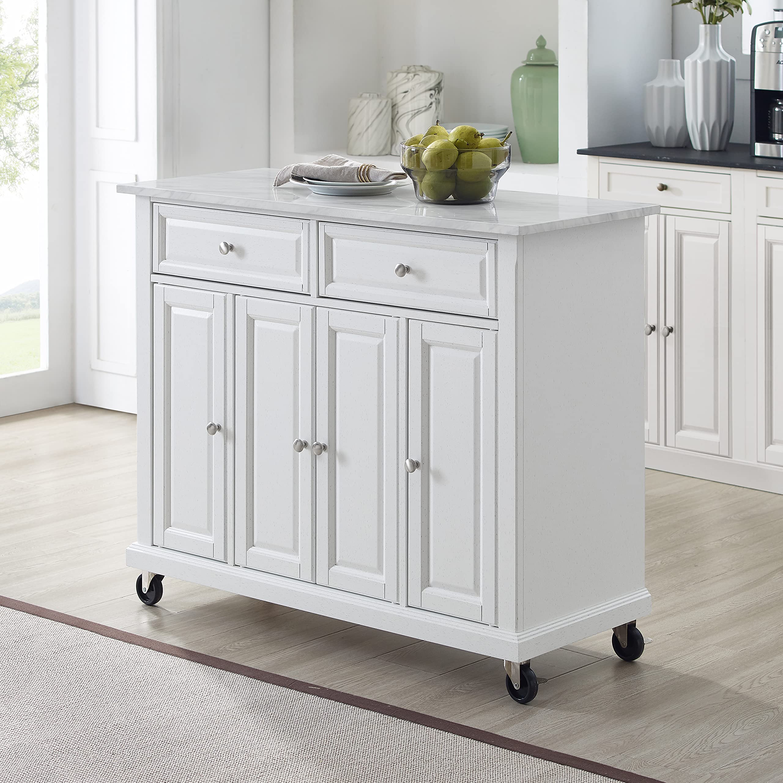 Crosley Avery Rolling Kitchen Island Cart with Shelves - White Distressed Finish | Microwave Stand, Coffee Bar Station & Storage Organizer | Perfect for Small Kitchens, Apartments & Breakfast Nooks