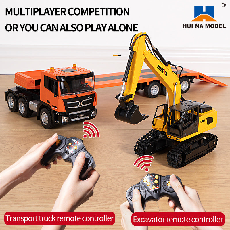 1:18 Huina 2.4G 1319 RC Tractor Truck with Remote Control - RTR Excavator & Flatbed Trailer - Ready to Play - Perfect for Construction Play, Kids Gifts & RC Hobbyists
