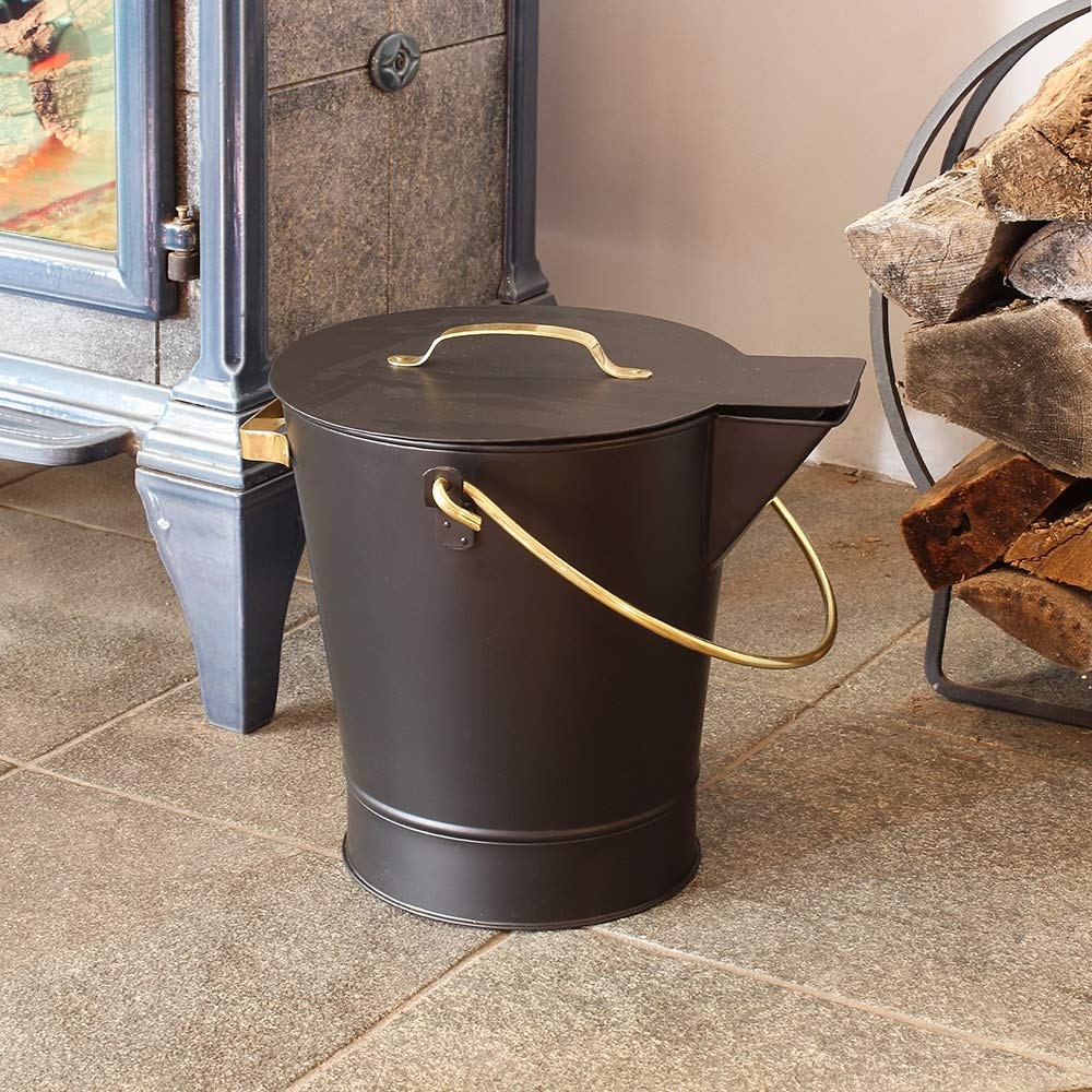 Fireplace Ash Can Bucket Pail - Black with Polished Brass Handle - Heavy Duty Metal Ash Bucket for Fireplace, Wood Stove, Campfire & BBQ Cleaning - Perfect for Home, Outdoor & Camping Use