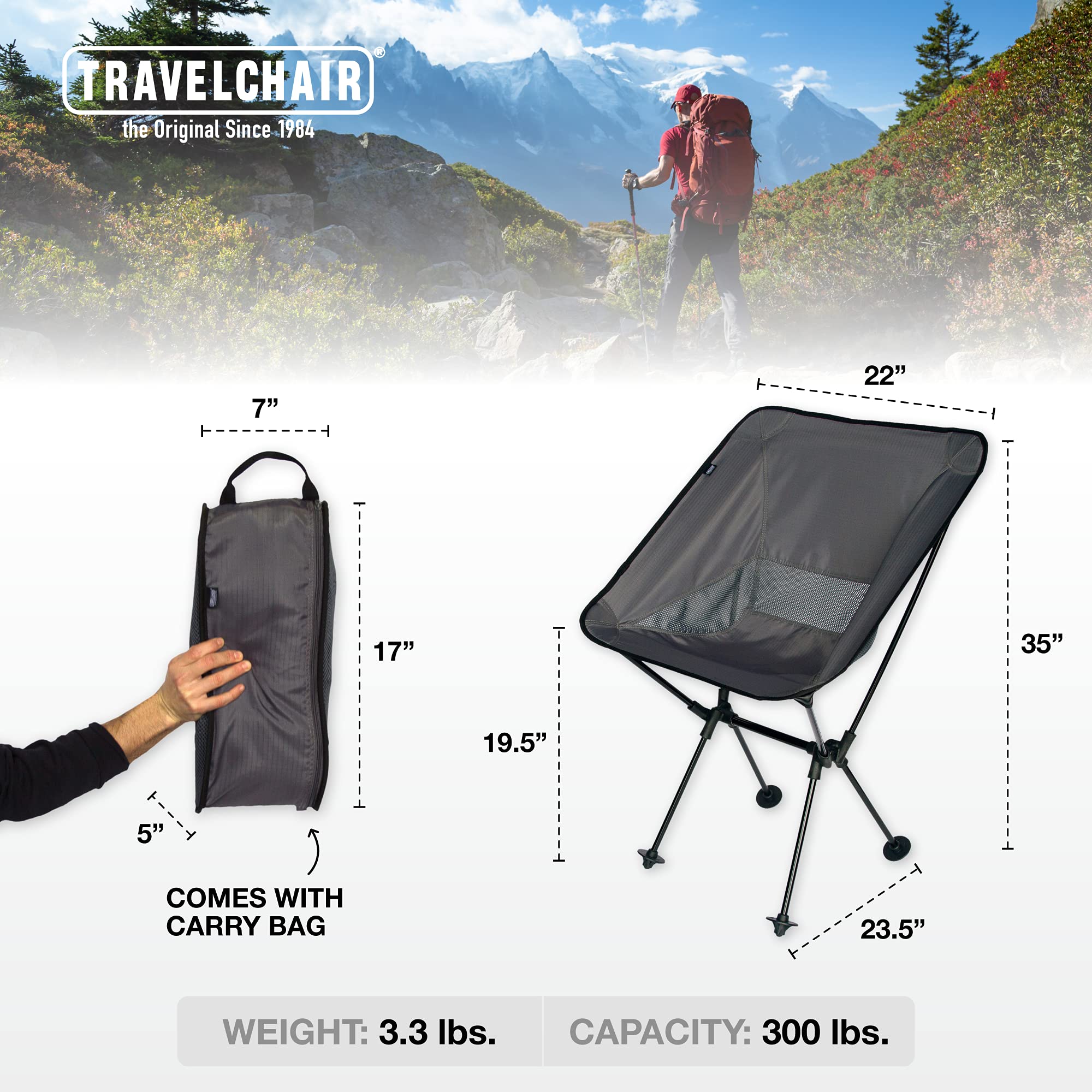 TravelChair Roo Wide & High Back Camping Chair - Heavy Duty Portable Folding Outdoor Chair for Camping, Beach, Picnics, Backpacking & Tailgating - Comfortable Black Camp Chair with Cup Holder