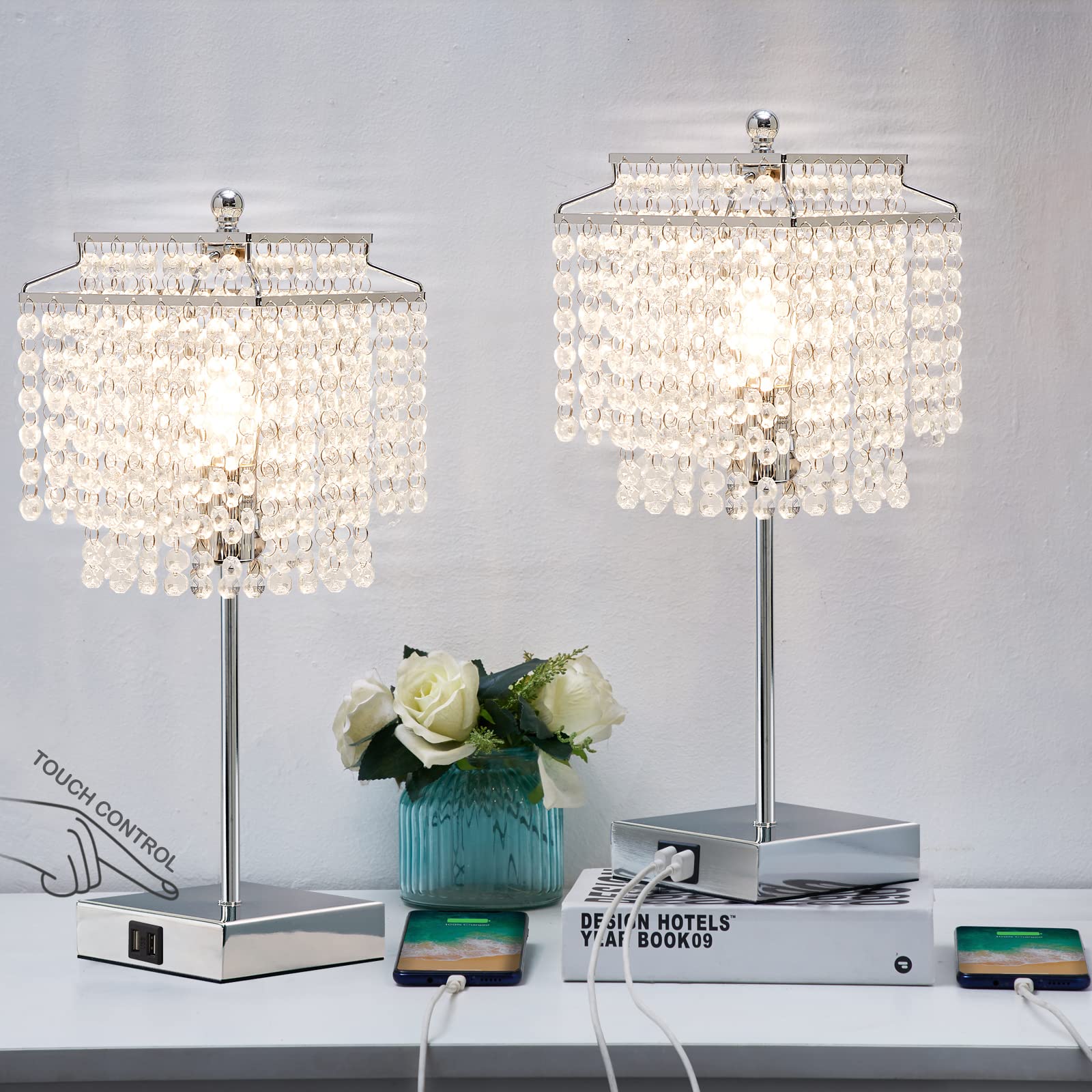 Crystal Table Lamp with USB Ports & Floor Lamp Set of 2 - Modern Silver Lighting for Living Room, Bedroom, Office | Perfect for Reading, Working & Home Decor