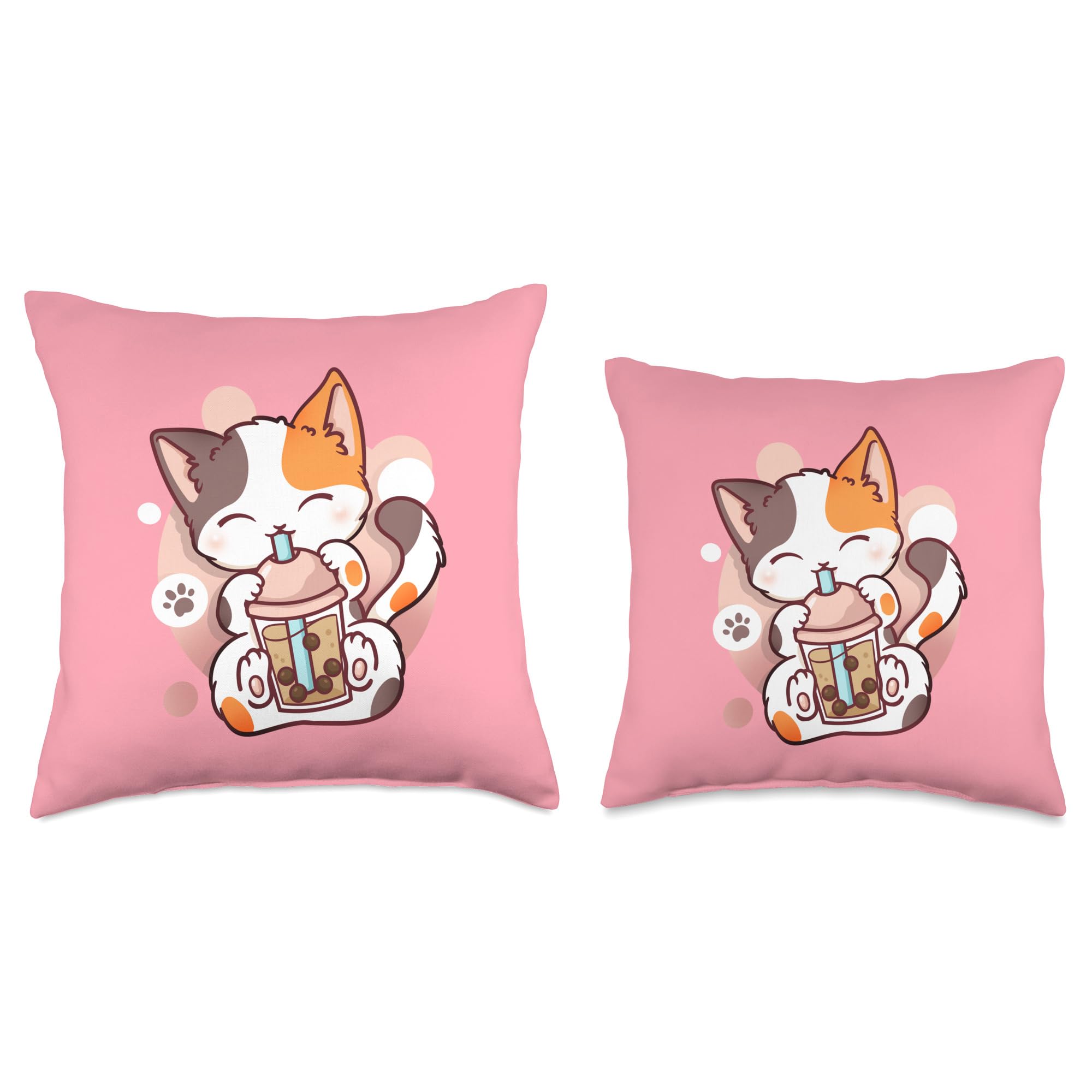 Anime Cat Boba Tea Throw Pillow - Kawaii Neko Bubble Tea Cushion for Bedroom, Living Room, and Office Decor