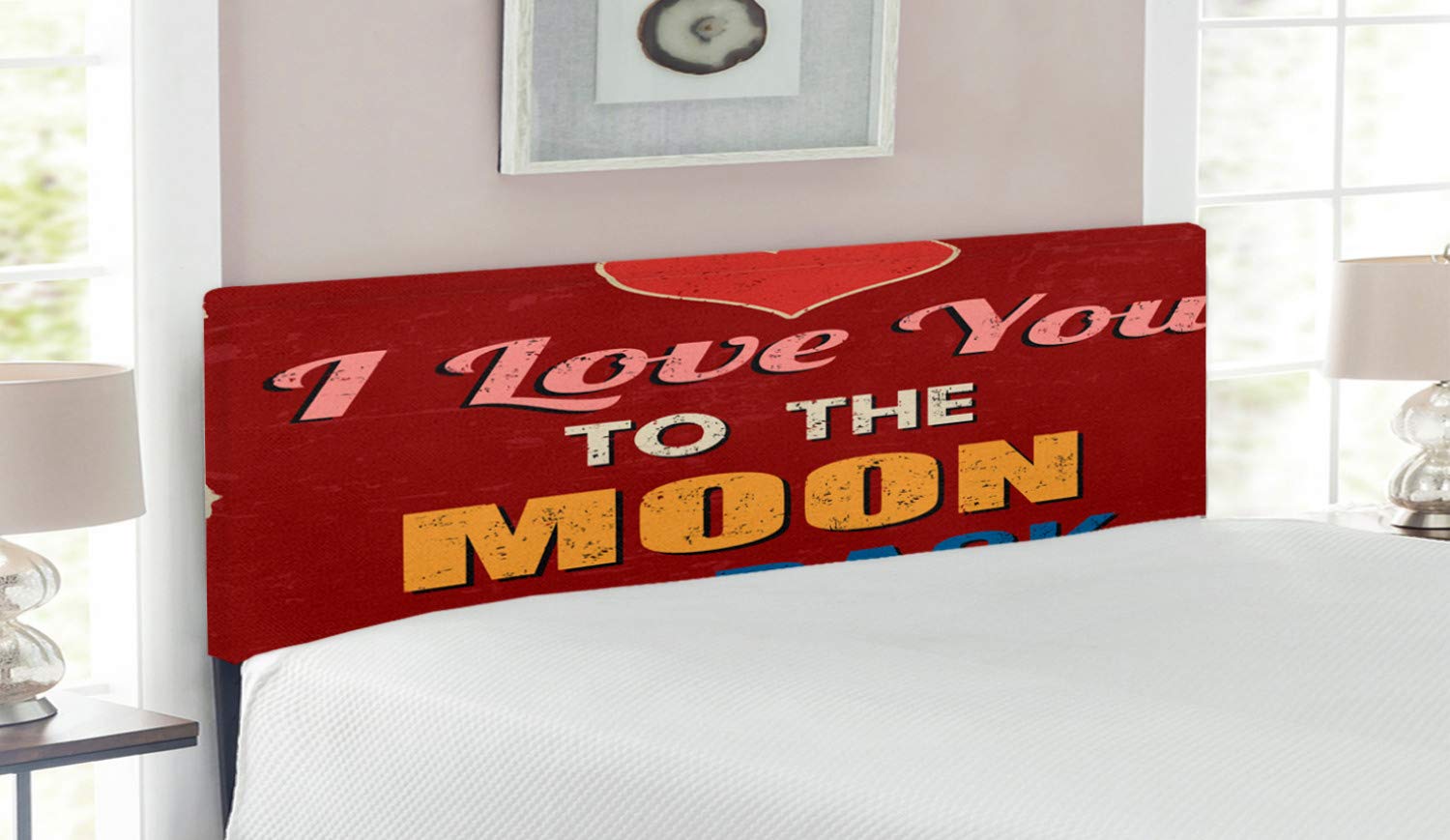 Ambesonne Vintage 'I Love You to The Moon and Back' Upholstered Metal Headboard with Memory Foam - Queen Size Bed Frame in Ruby Marigold | Romantic Bedroom Decor for Couples & Master Suites